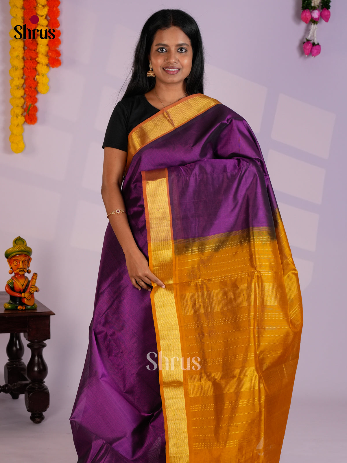 Very pretty Violet & Mustard Silk Cotton Saree with zari border- EAS13266 - Shop on Shrus.com