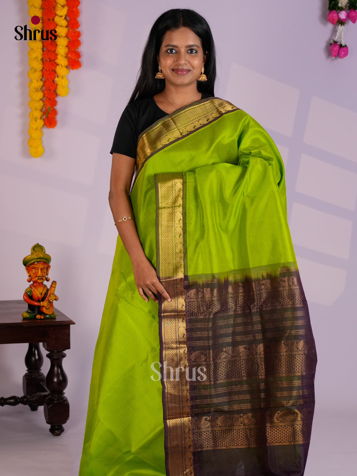 Buy Parrot Green Cotton Silk Saree with Plain Body & Green Zari Border