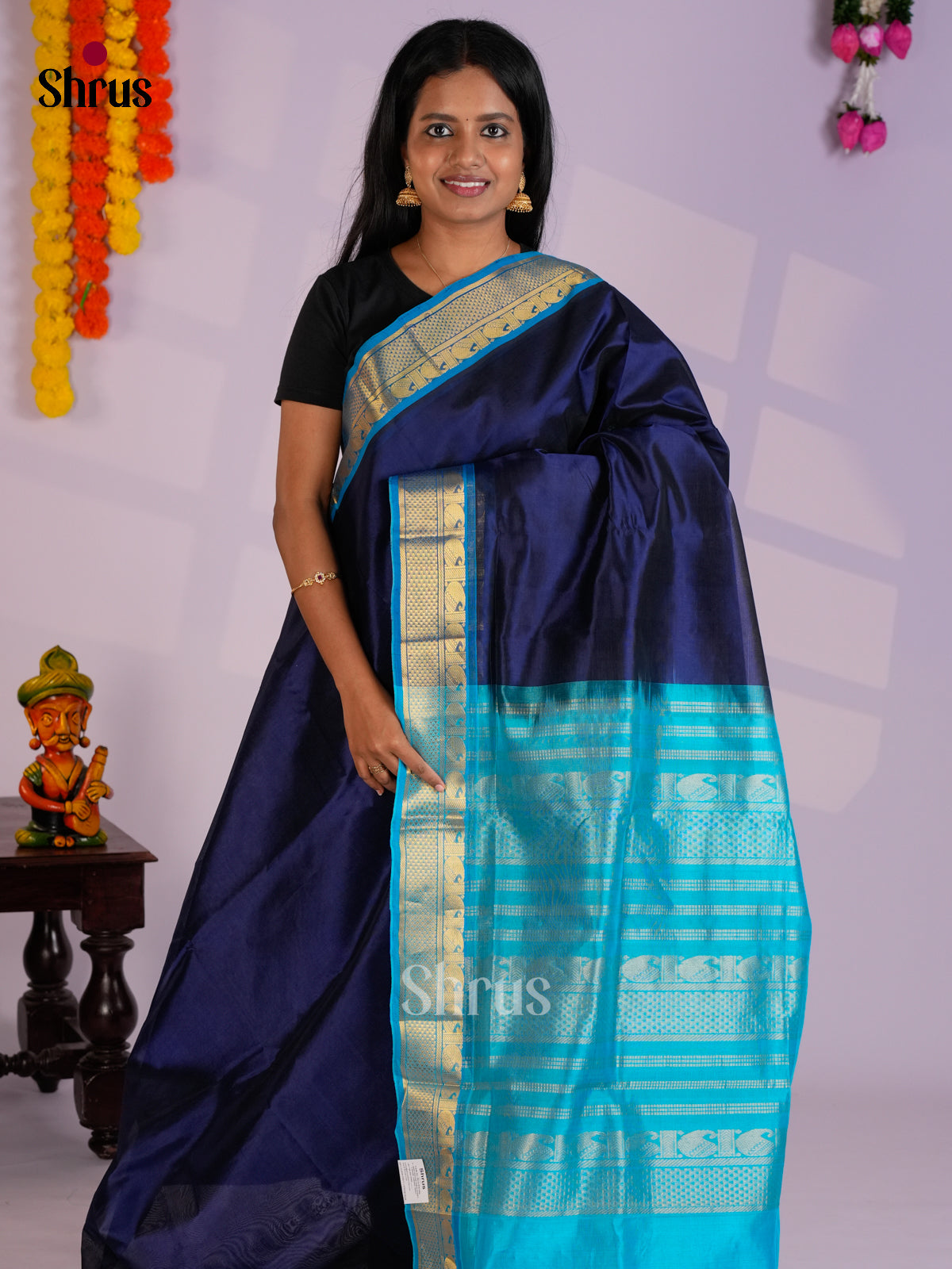 Buy Exquisite Navy Blue Cotton Silk Saree With Teal Blue Zari Woven Border