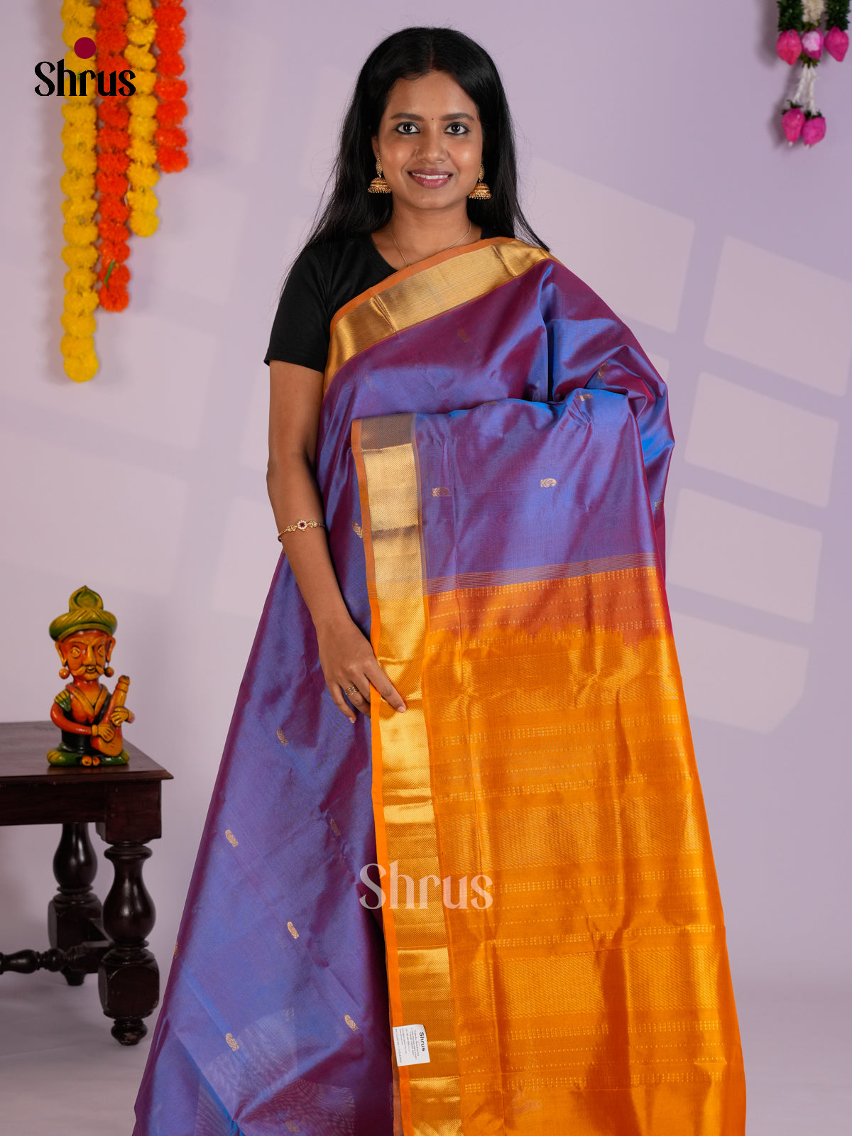 Double Shaded Blue & mustard Silk Cotton Saree gleams zari buttas - EAS13276