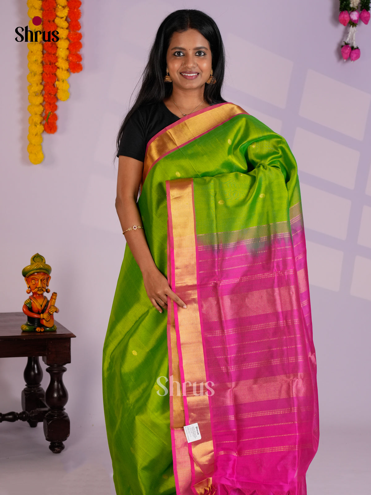 Lustrous Parrot Green & Pink Silk Cotton Saree with zari buttas- EAS13279