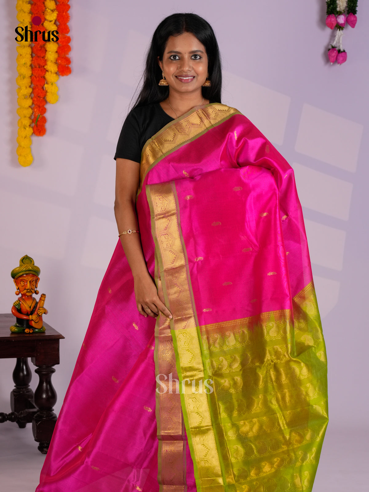 Gorgeous Pink & Light Green Silk Cotton Saree with zari buttas & traditional border - EAS13292