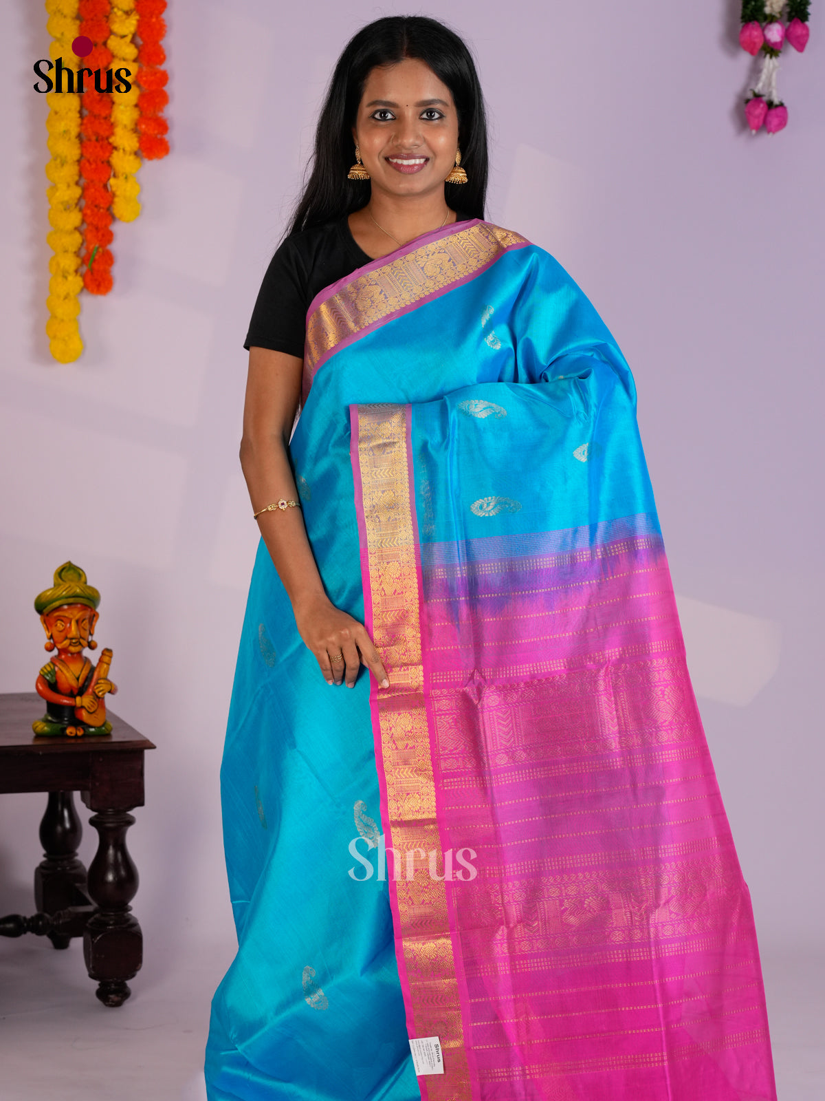 Stunning Blue & Pink Silk Cotton Saree with zari buttas & zari border- EAS13293
