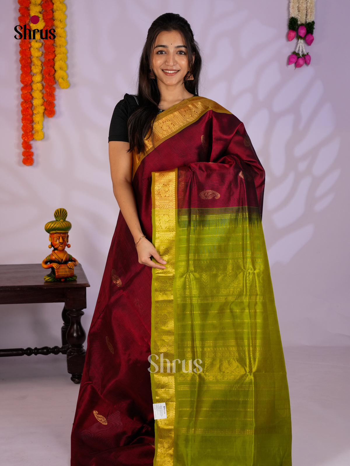 Beautiful Maroon & Light Green Silk Cotton Saree with zari paisleys motifs- EAS13295
