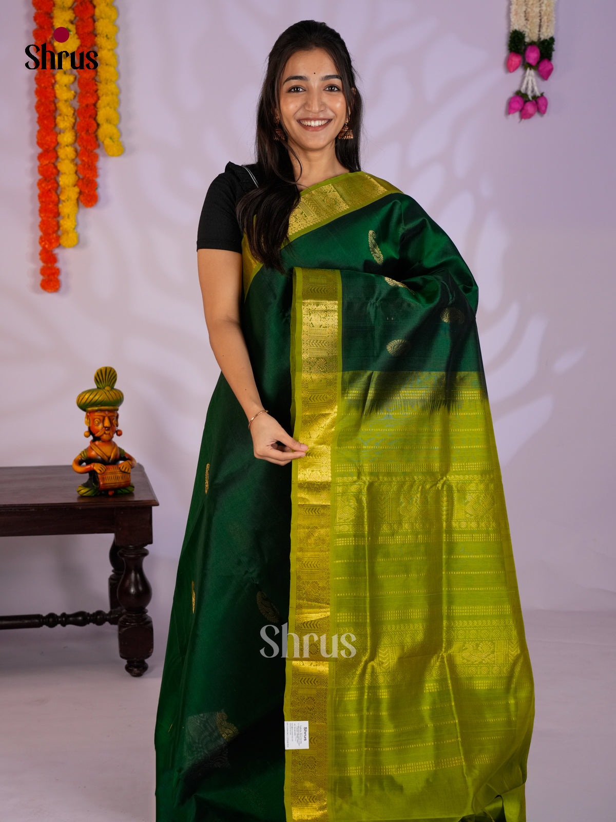 Serene Green & Light Green Silk Cotton Saree with zari buttas & traditional zari border-EAS13297 - Shop on Shrus.com