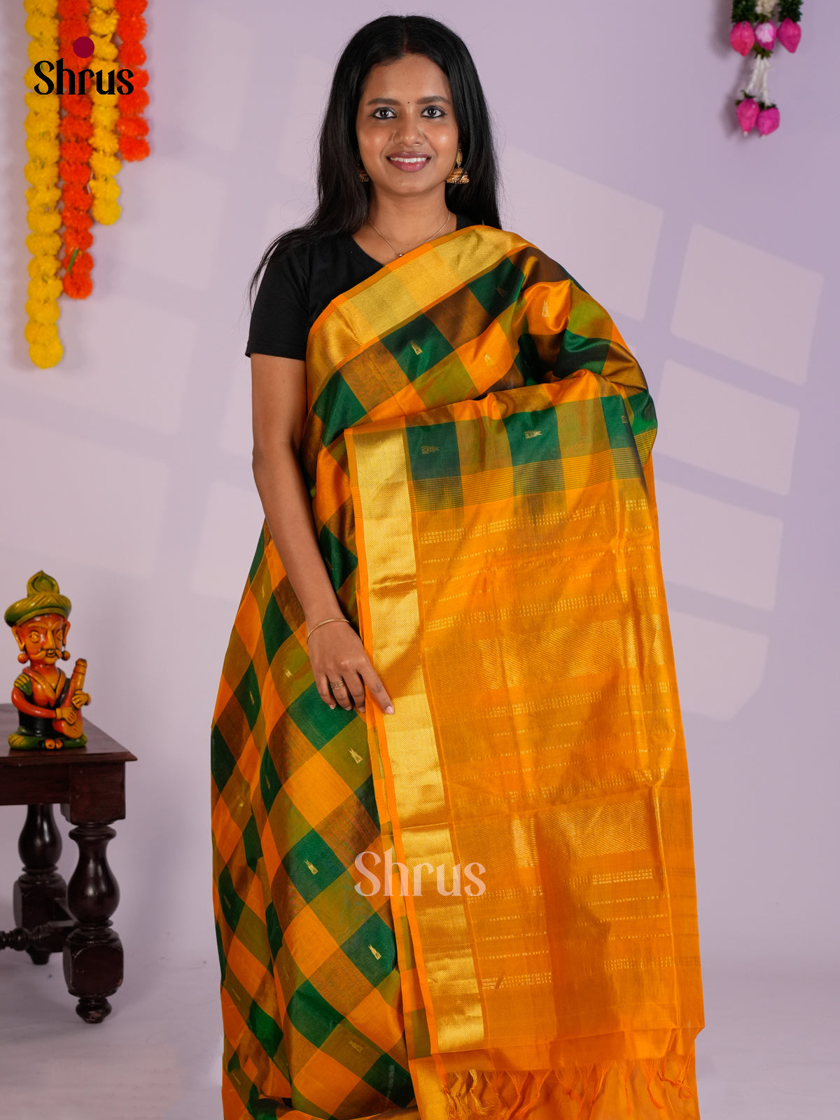 Classy Green & Mambazha yellow Silk Cotton Saree with checkered pattern -EAS13347