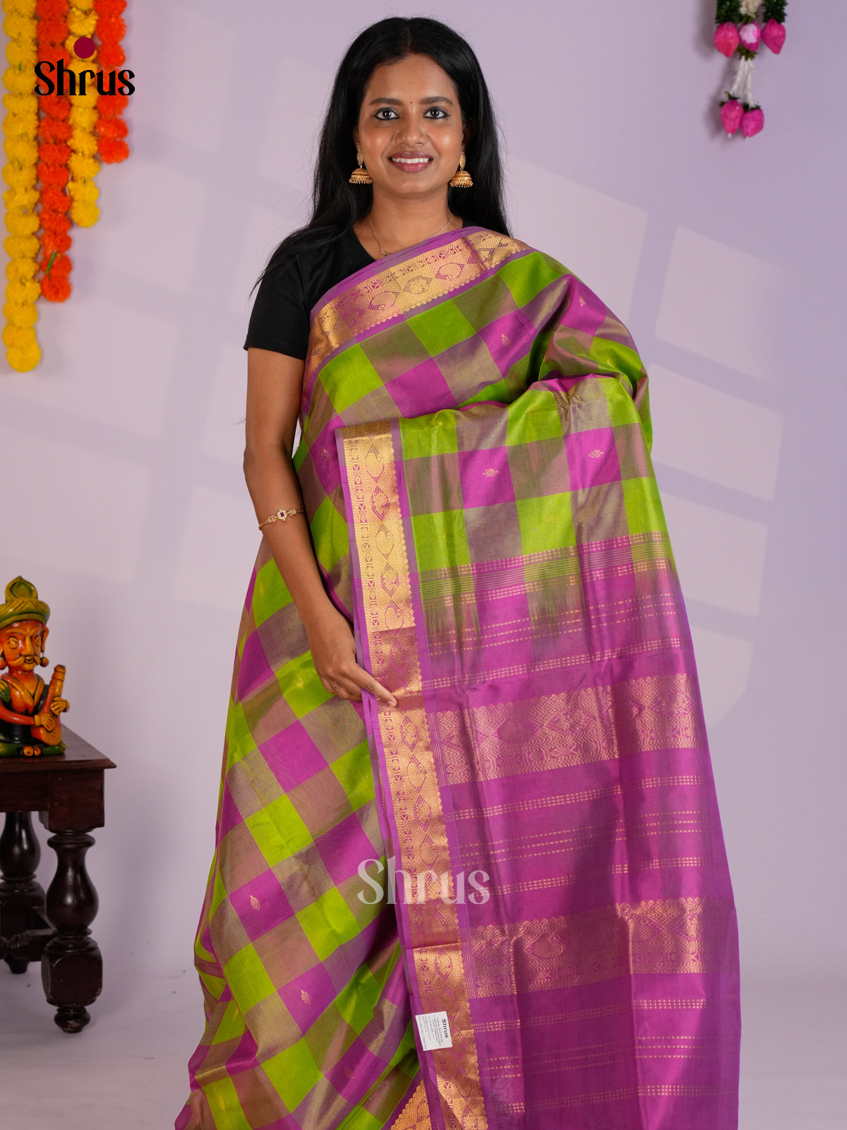 Gorgeous Green & Majenta Silk Cotton Saree with checkered pattern - EAS13353