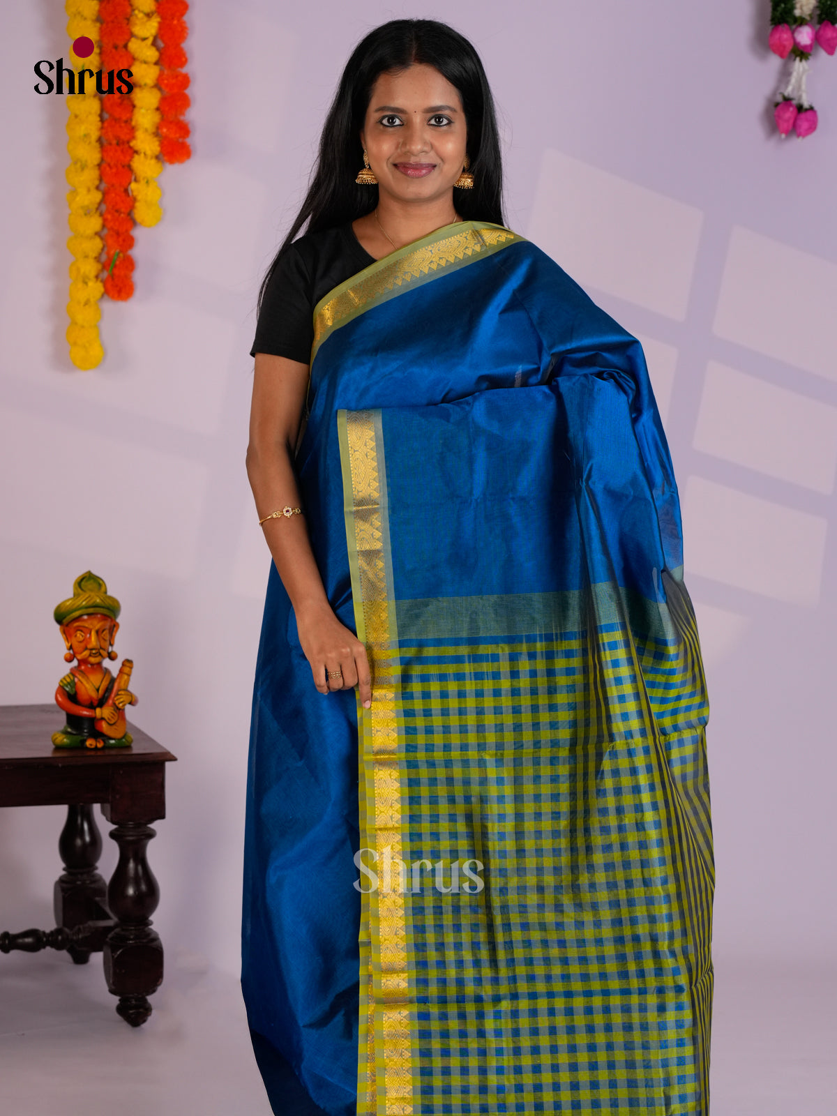 Beautiful Blue & Green Silk Cotton Saree with checkered pallu -EAS13356