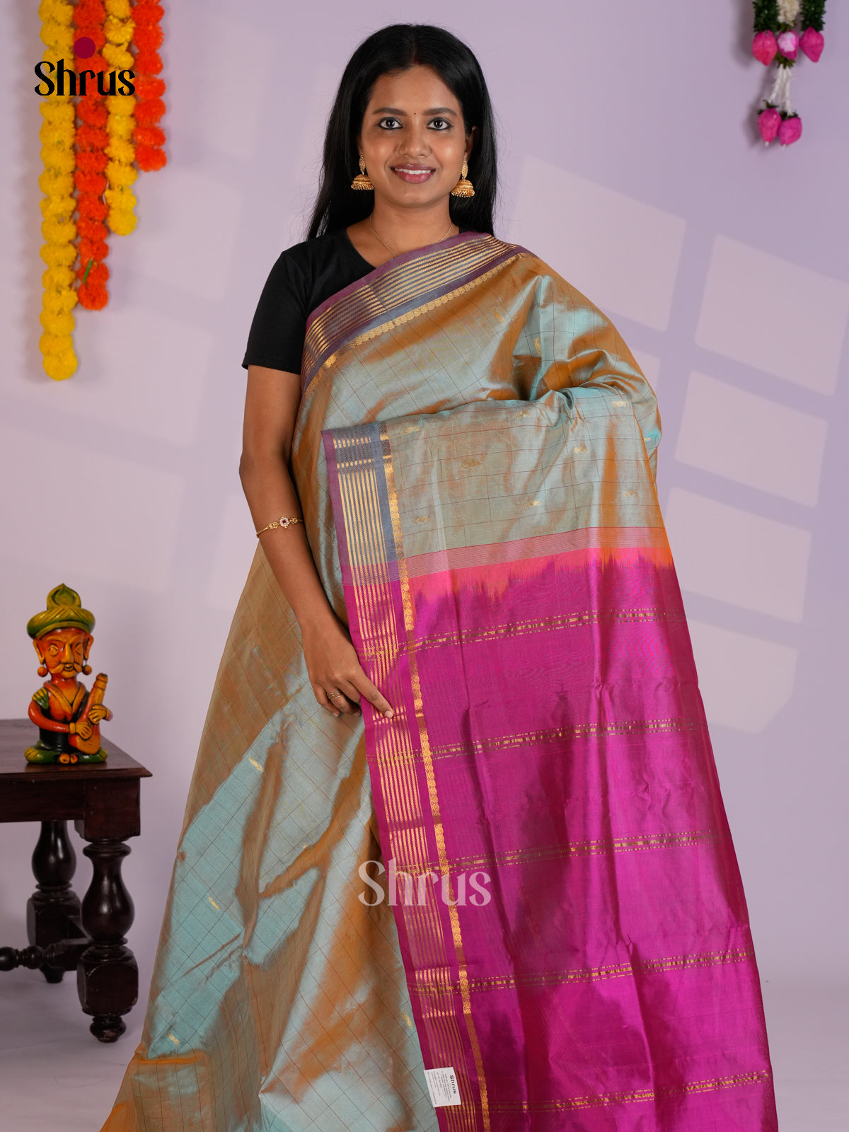 Beautiful Double Shaded Green & Purple Silk Cotton Saree with zari checks EAS13371