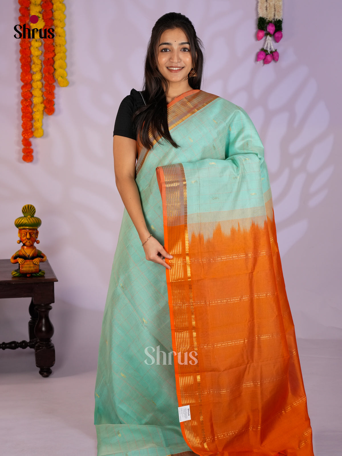 Beautiful Pastel Green & Brick Orange Silk Cotton Saree with zari checks - EAS13379 - Shop on Shrus.com
