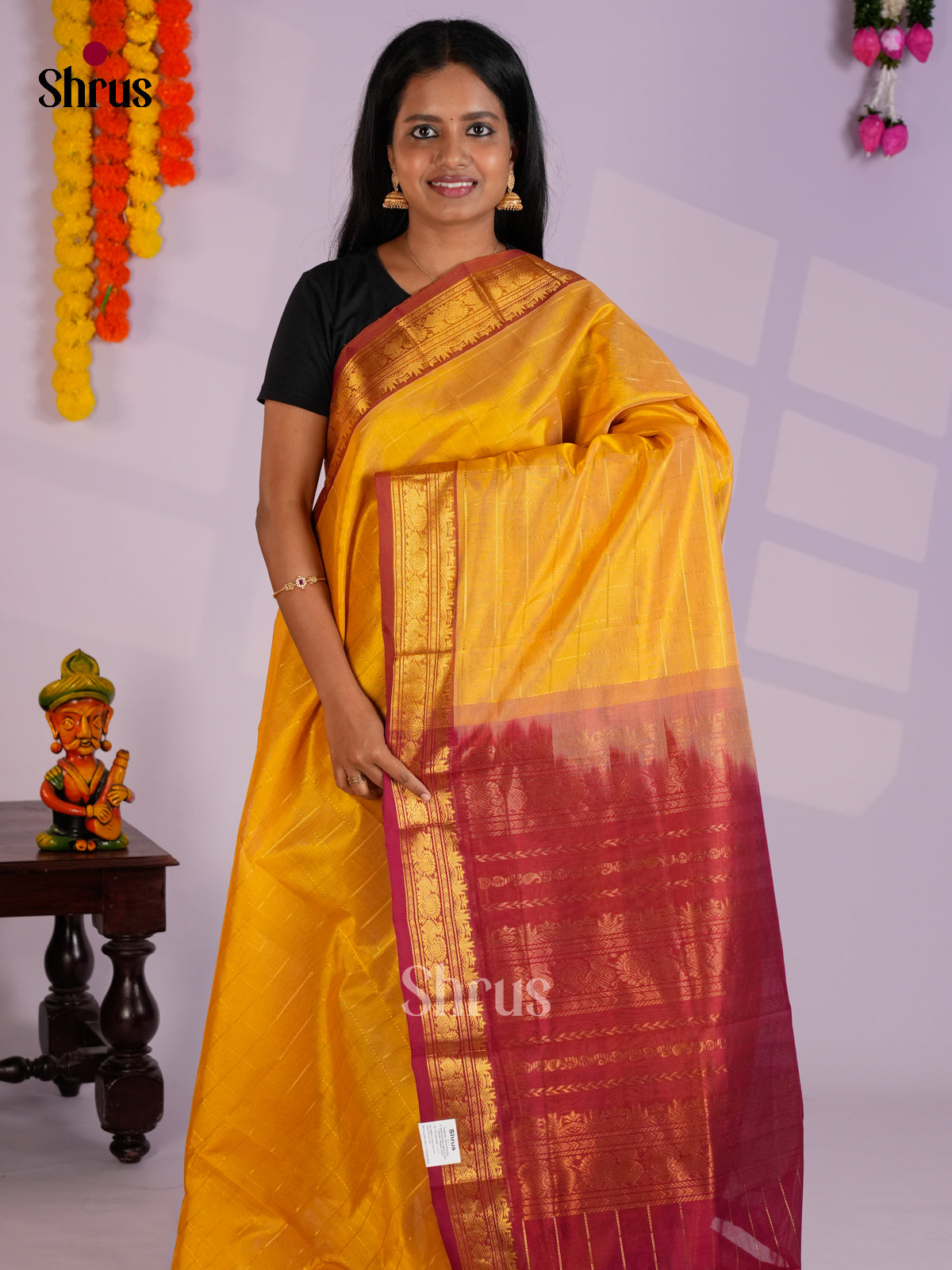 Glorious Mustard & Red Silk Cotton Saree with zari checks & traditional border - EAS13386