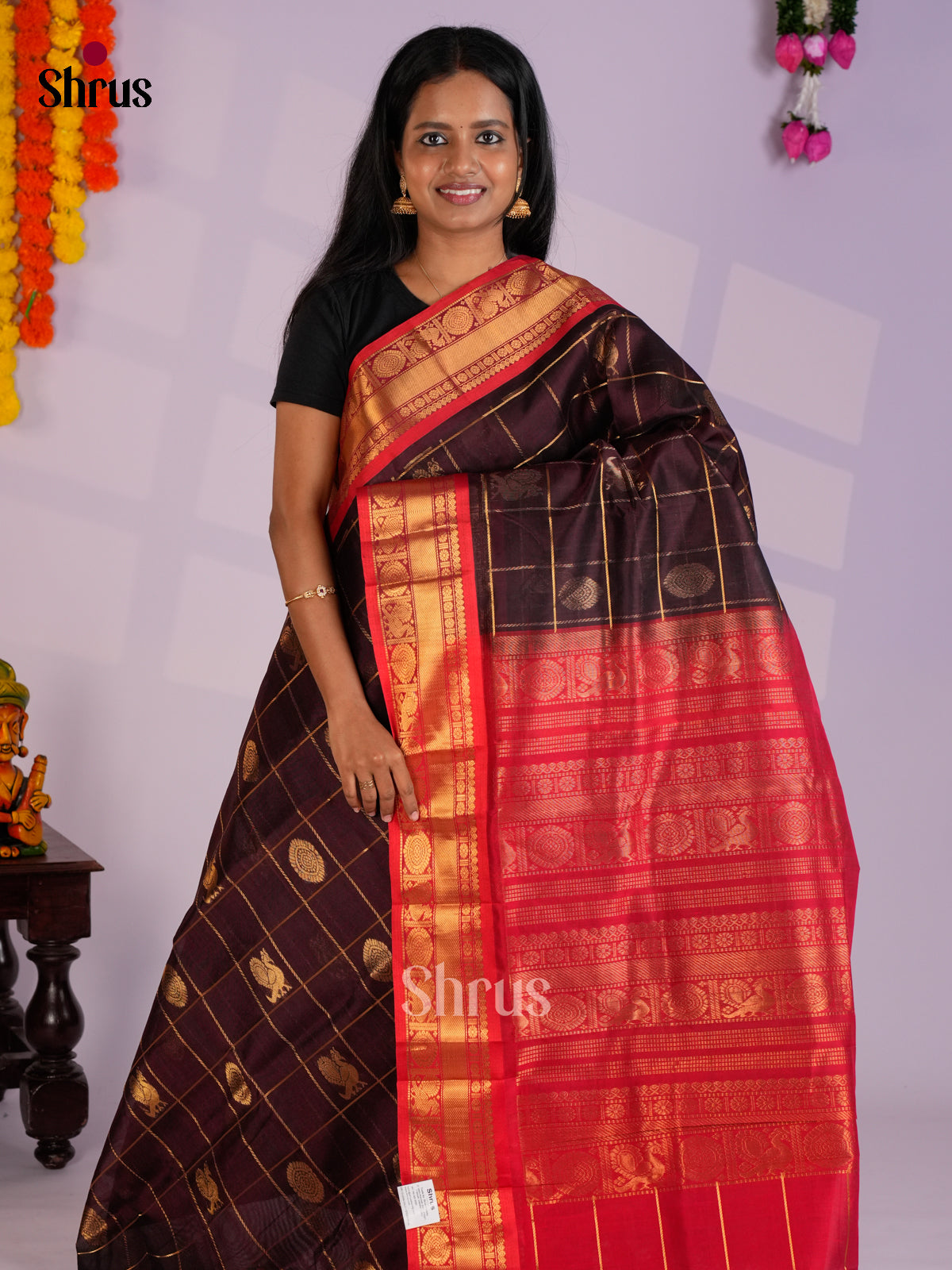Beautiful Brown & Red Silk Cotton Saree - EAS13397