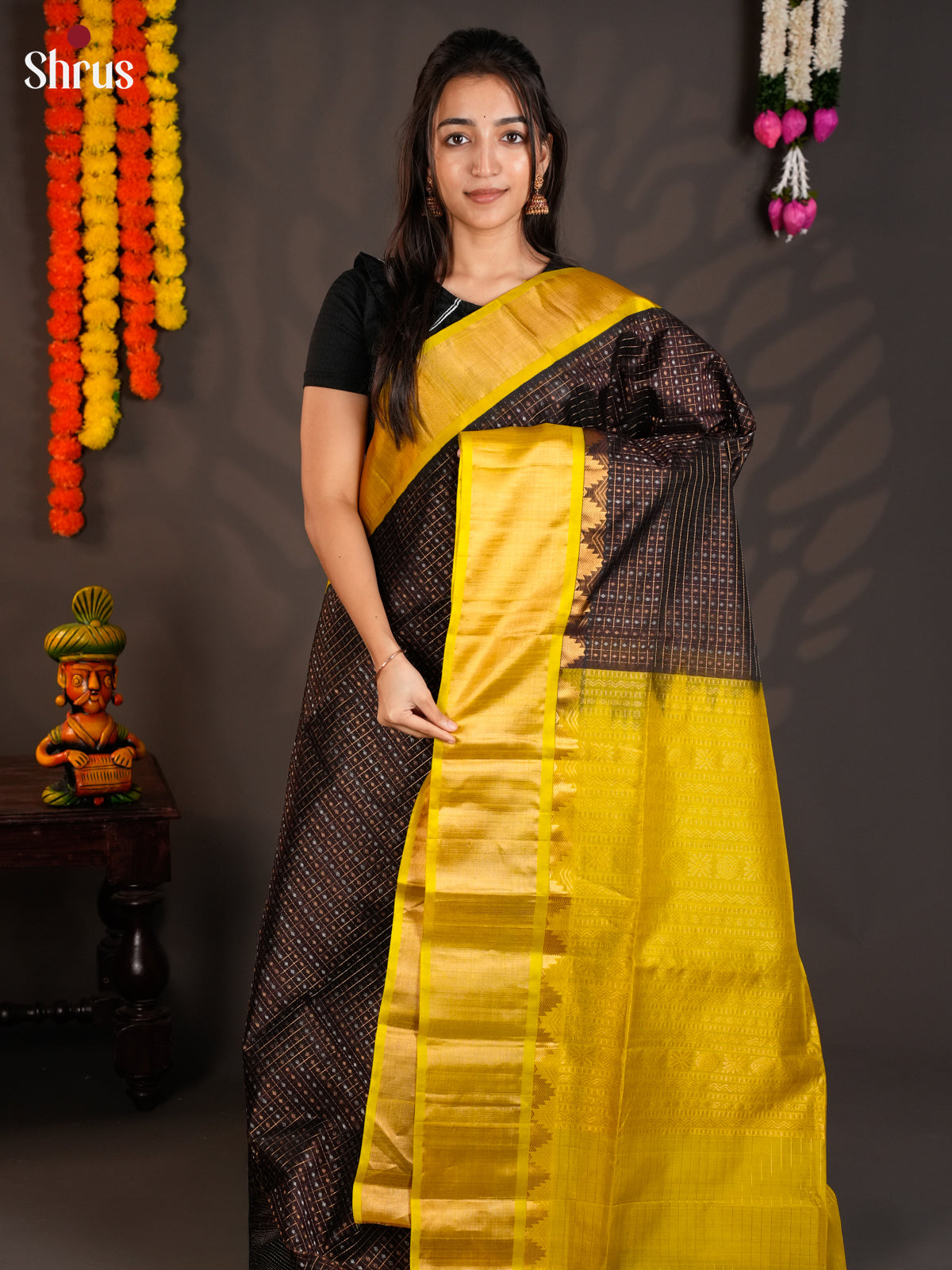 Classy Brown & Yellow Silk cotton saree with zari checks & korvai border -EAS19002