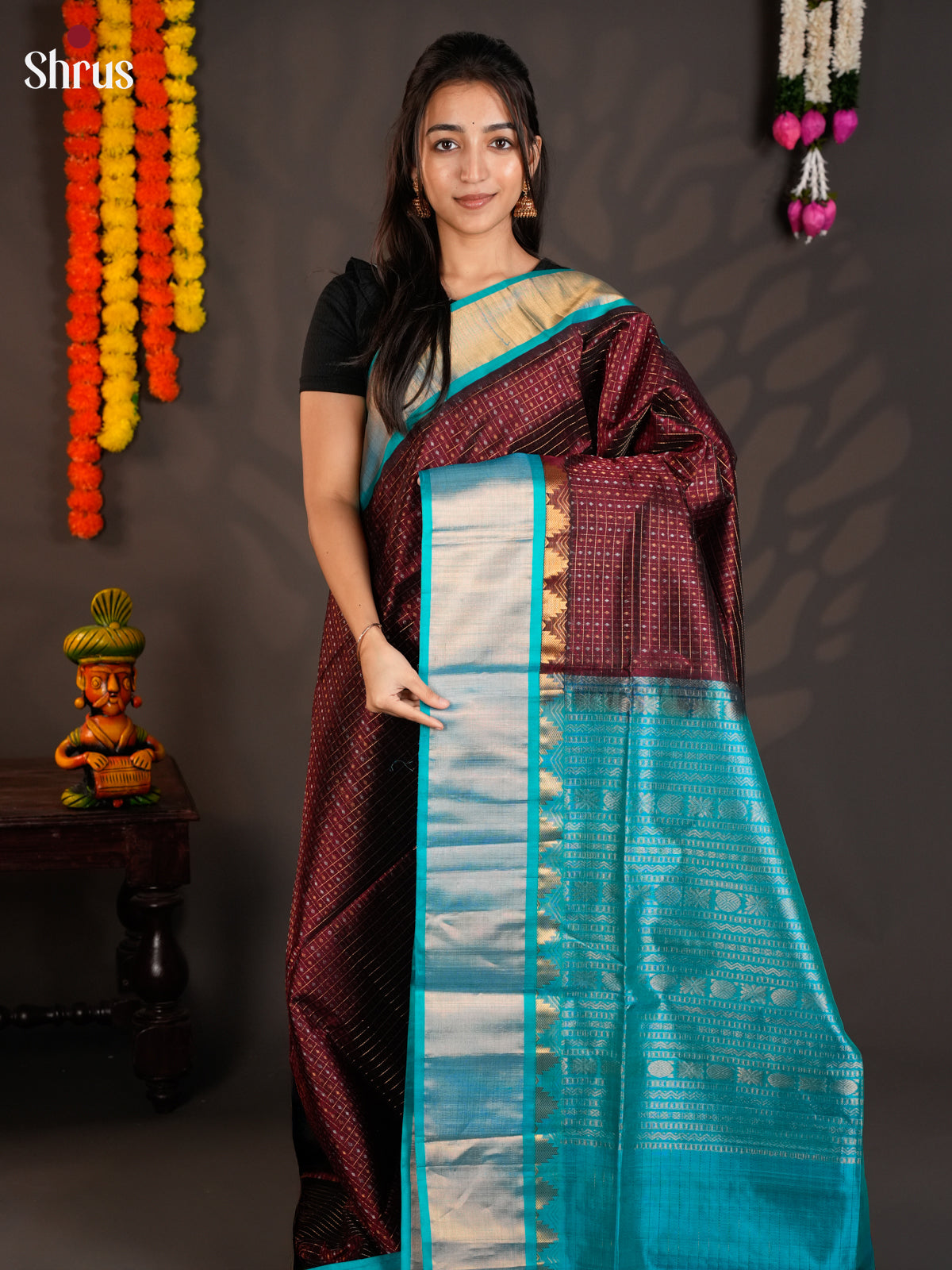 Classy Maroon & Teal Blue Silk Cotton saree with zari checks , buttas & korvai border -EAS19003