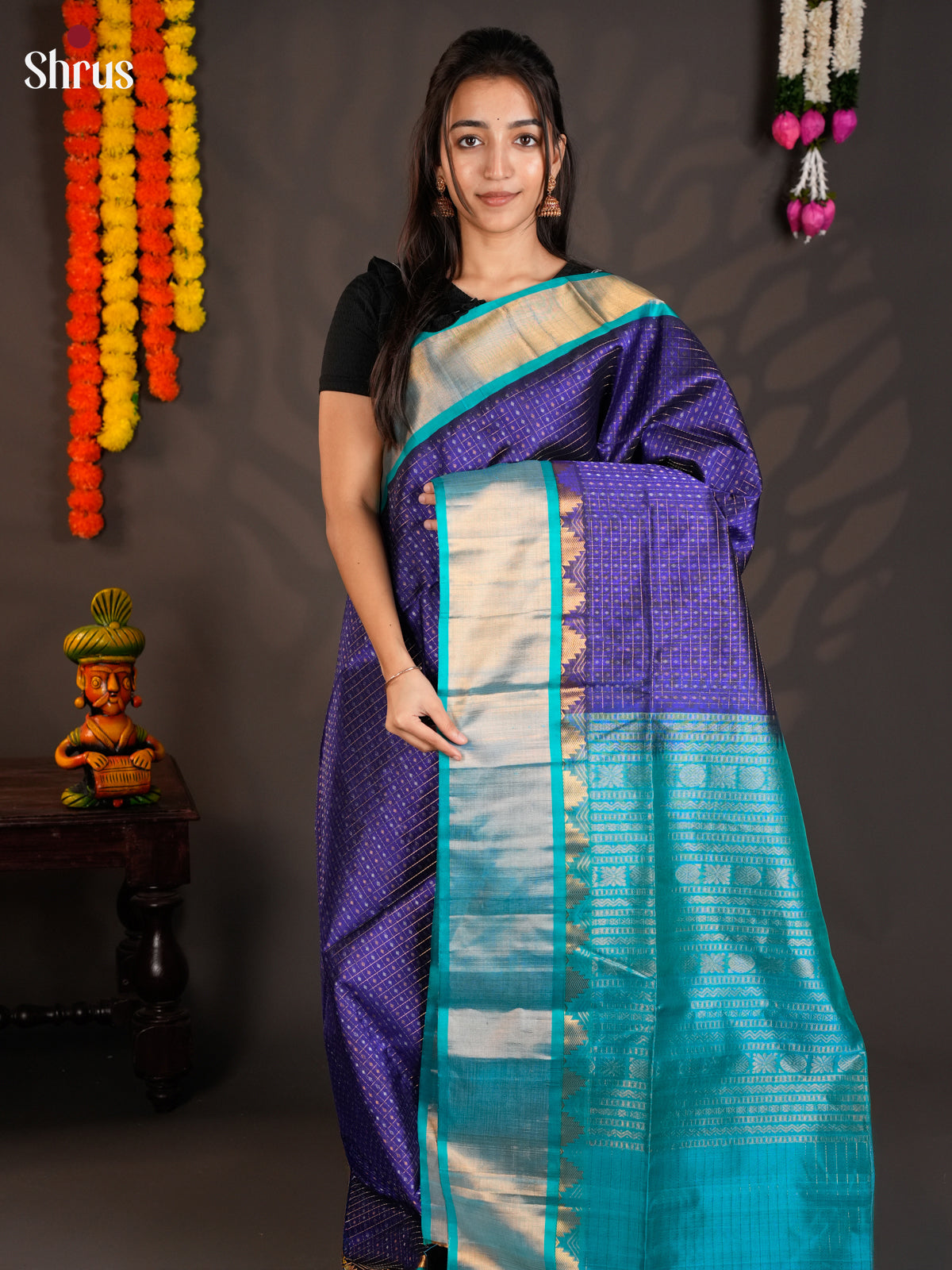 Regal Blue & Teal blue Silk Cotton Saree with zari kattam & Korvai border - EAS19005