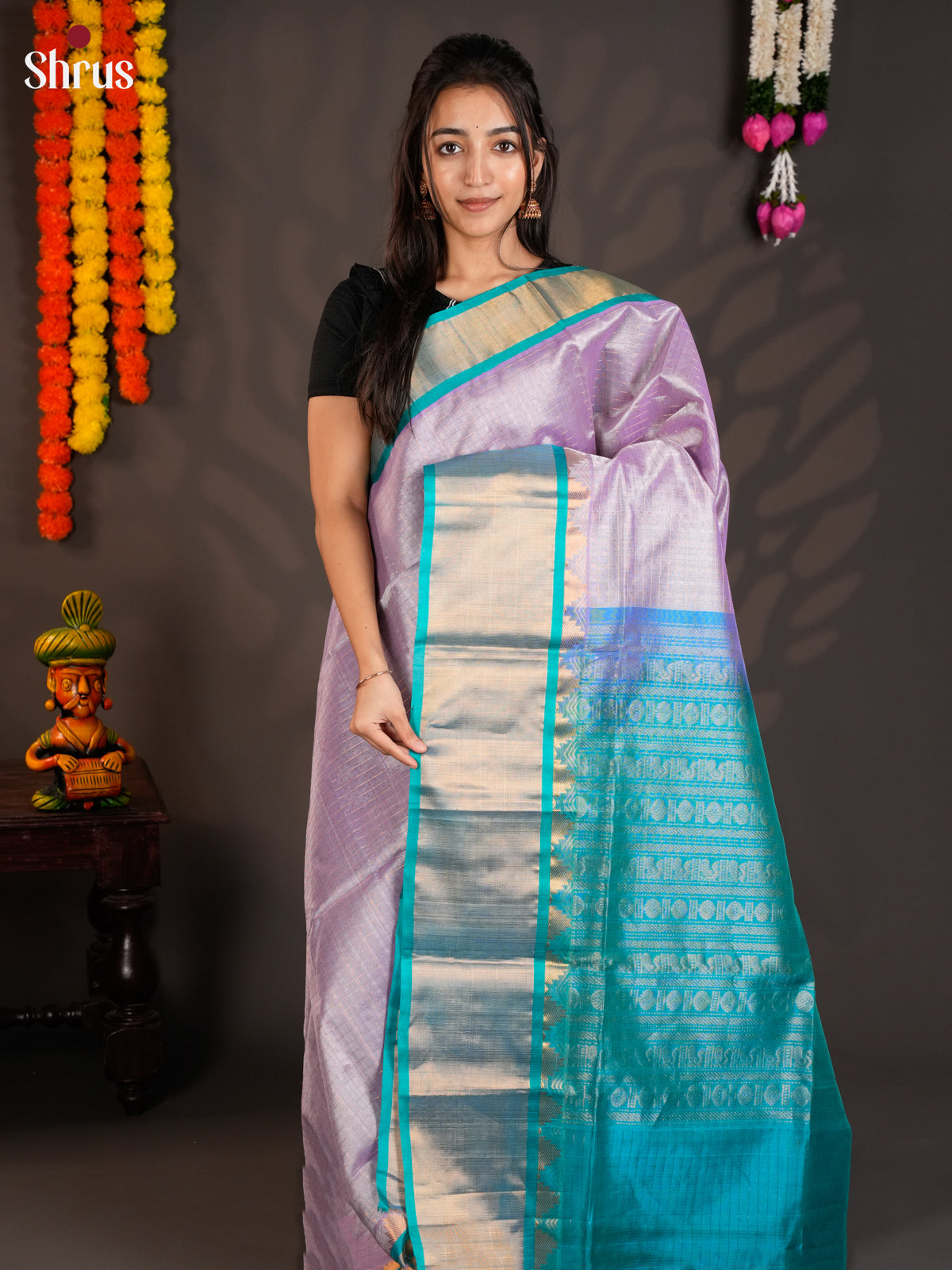 Beautiful Lavender & Teal Blue Silk Cotton saree with zari checks , buttas & Korvai border-EAS19007