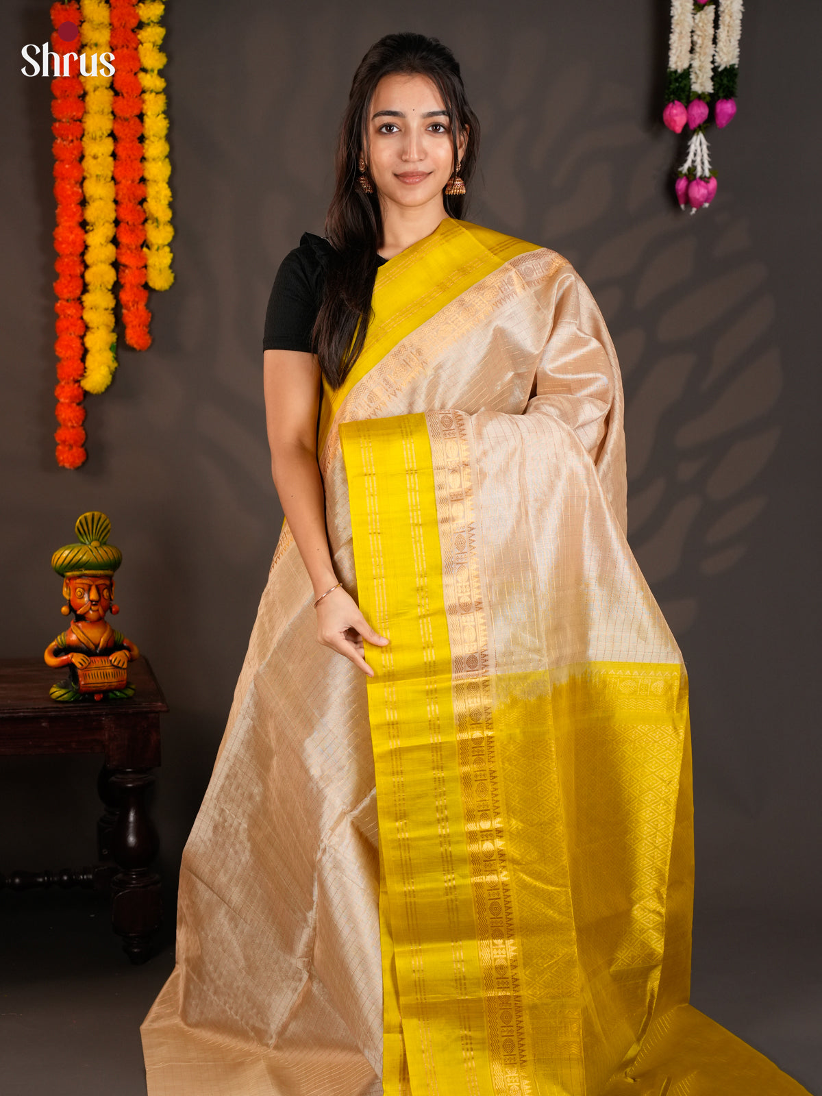 Charming Cream & mustard SilK Cotton saree with zari checks & Korvai-Medium border -EAS19013 - Shop on Shrus.com