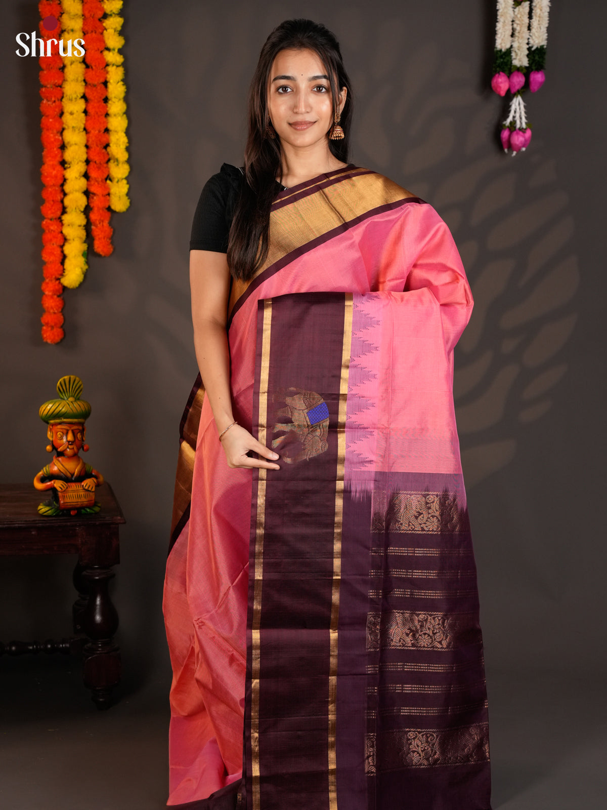 Charming Pink & Brown SilK Cotton Sare with contrast elephant motif border-EAS19018