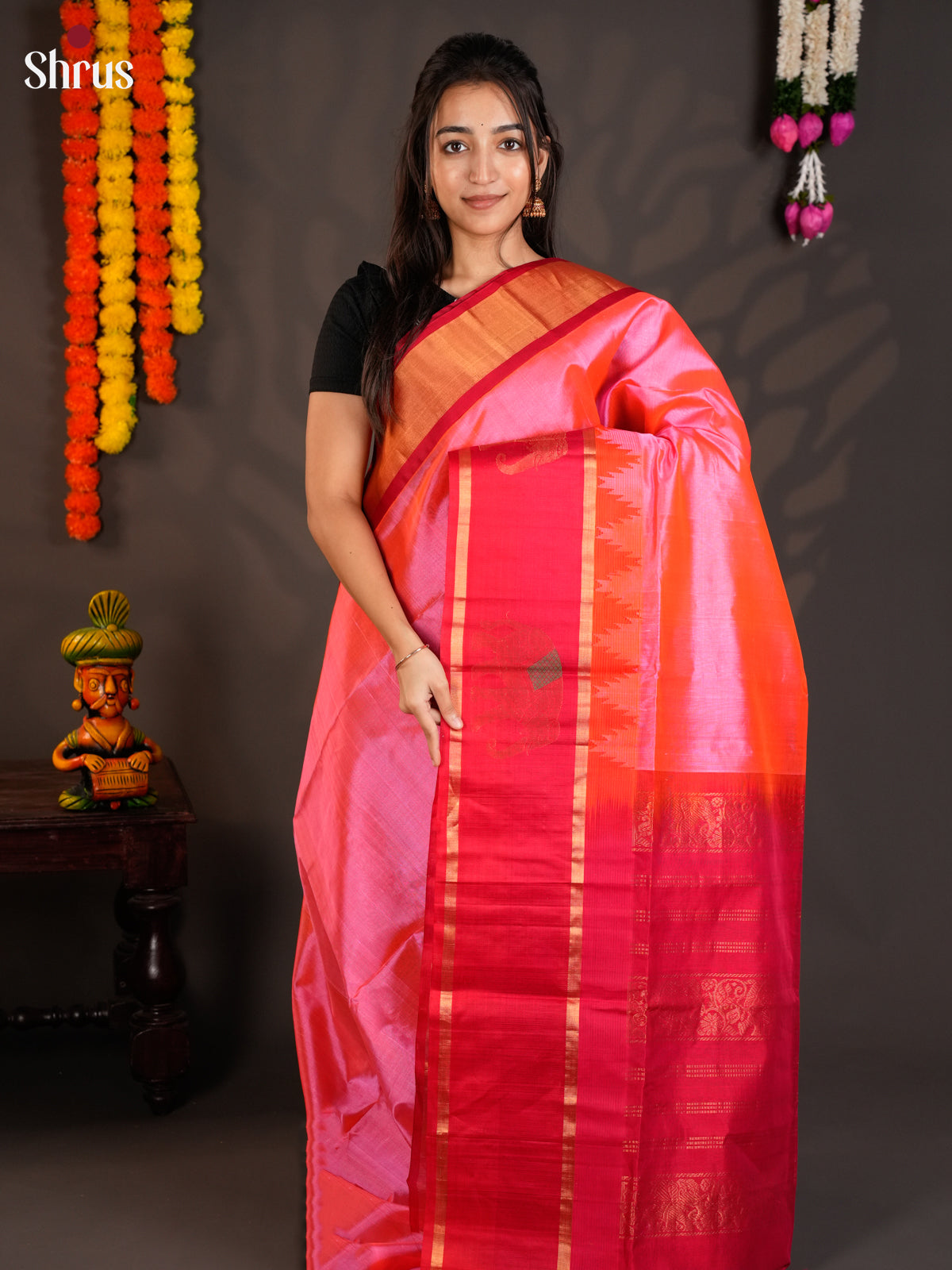 Charming Pink & Red Silk Cotton Saree with temple border -EAS19021