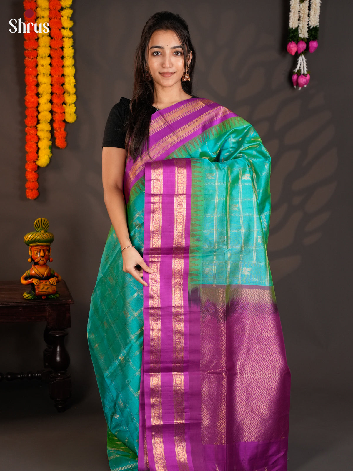 Teal Green & Purple Silk Cotton saree with zari Checks & reattaipet border- EAS19029