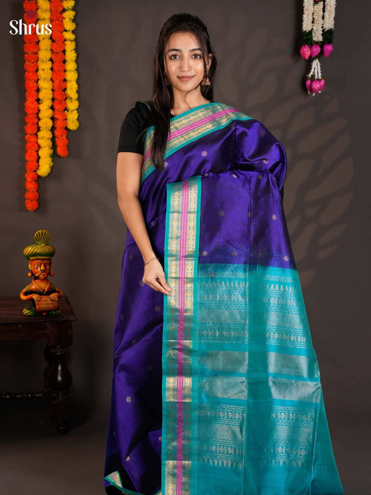 Vibrant Blue & Teal Silk Cotton Saree with zari buttas & traditional border -EAS19030