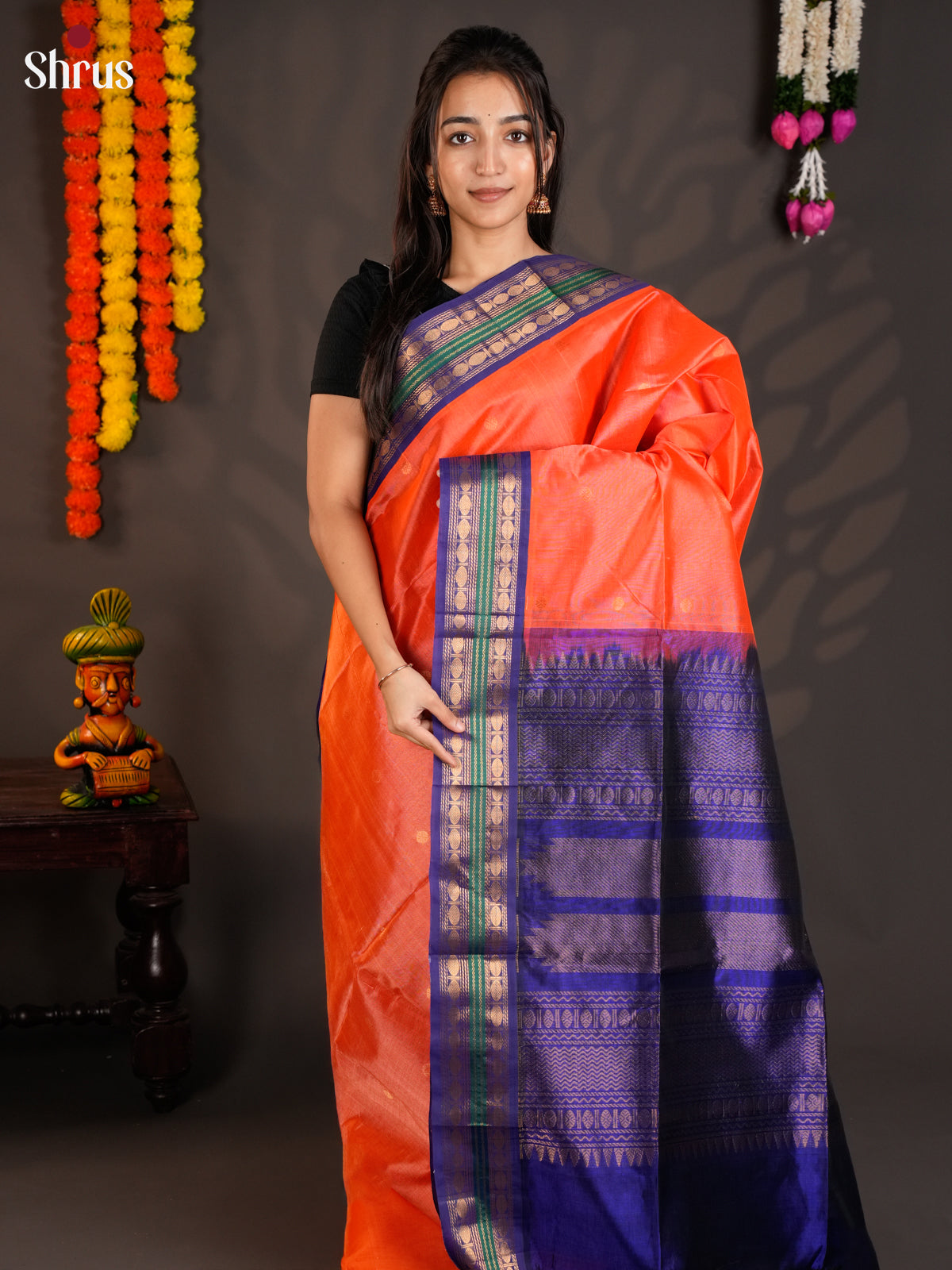 Greaceful Orange & Blue Silk Cotton Saree with zari kattam & korvai zari border -EAS19031