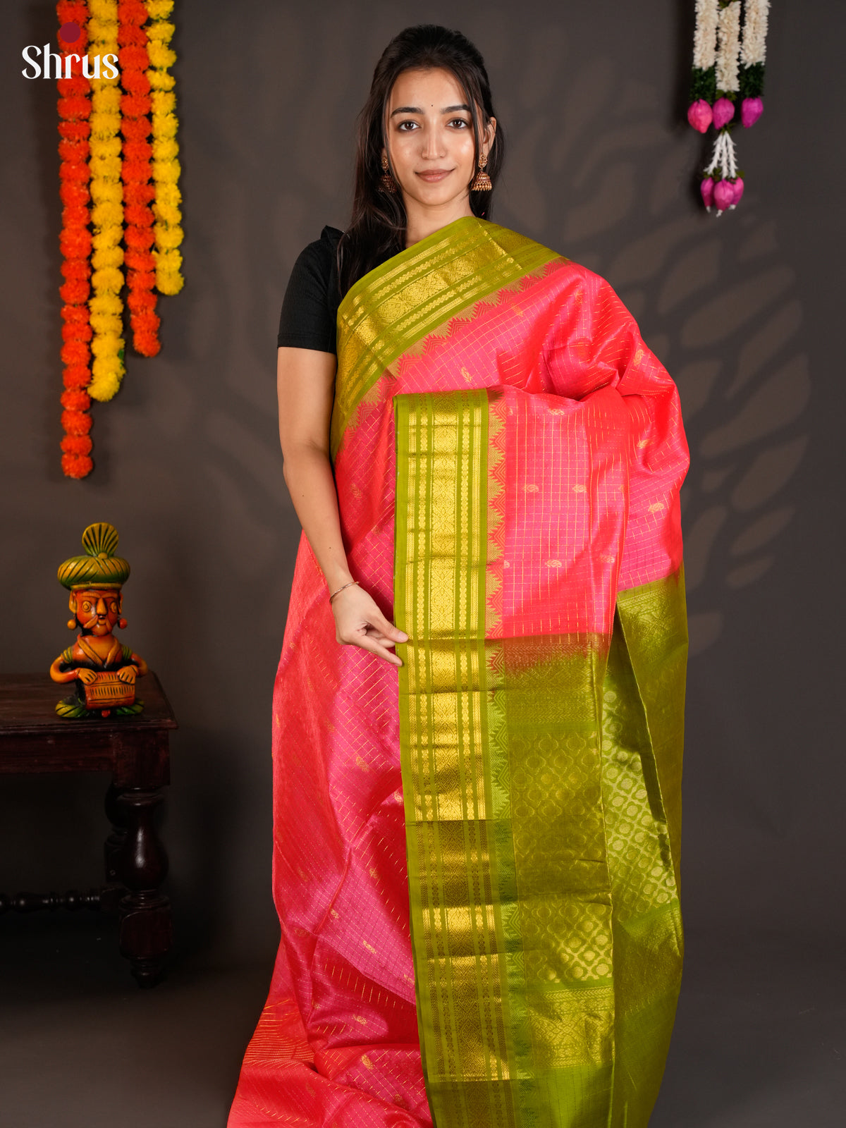 Radiant Orangish Pink & Green Silk Cotton saree with zari checks & korvai border -EAS19033