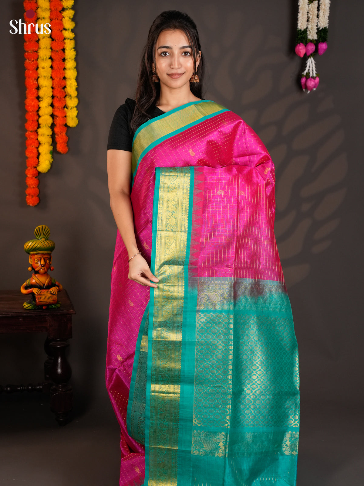 Charming Pink & Teal Silk cotton saree with zari kattam & Korvai border -EAS19035