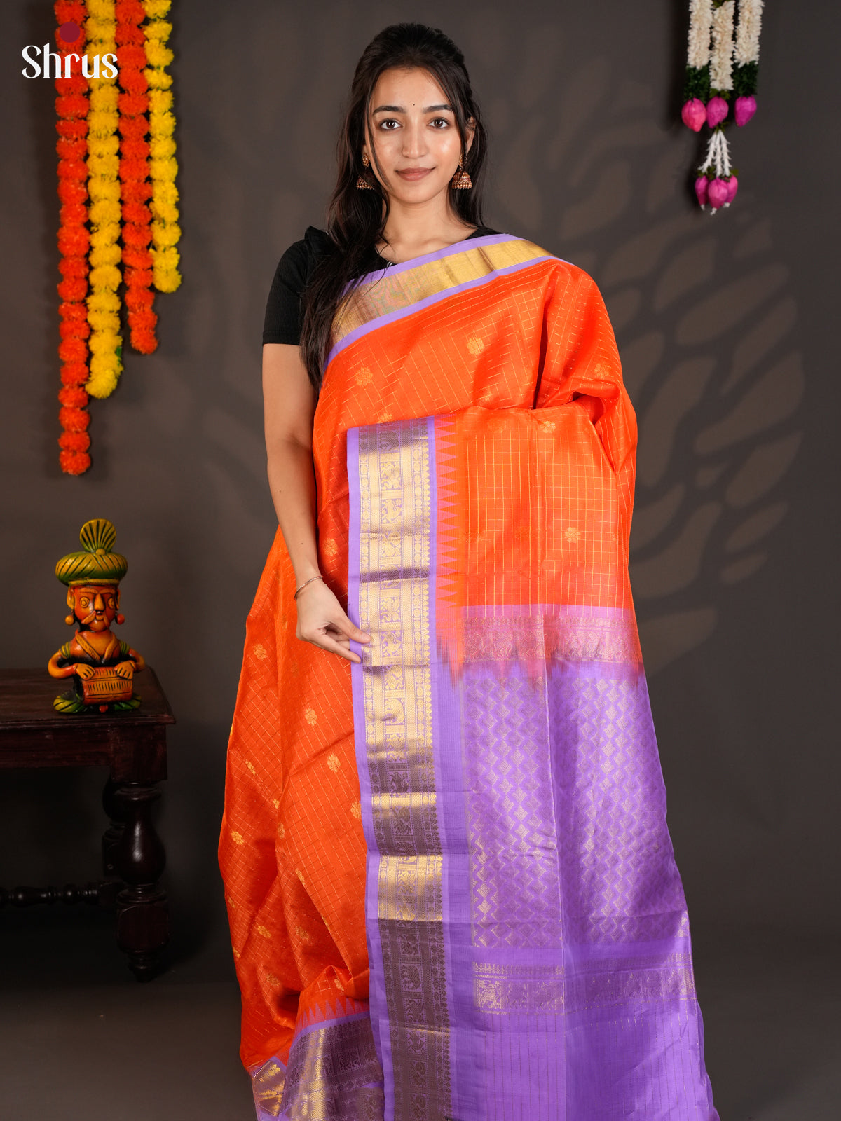Bright Orange & Lavender Silk Cotton saree with zari checks & Korvai border -EAS19038 - Shop on Shrus.com