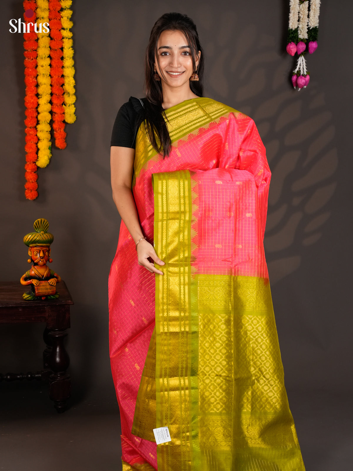 Regal Orangish Pink & Green Silk Cotton with zari kattam & korvai border- EAS19043