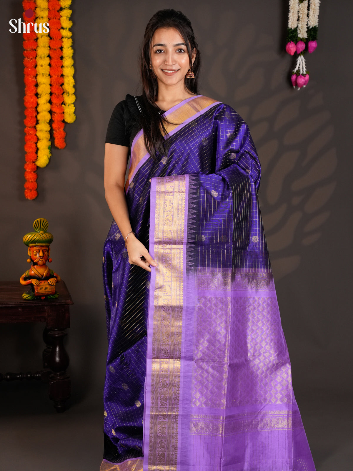 Vibrant Blue & Lavender Silk Cotton Saree with zari-kattams & korvai border -EAS19044