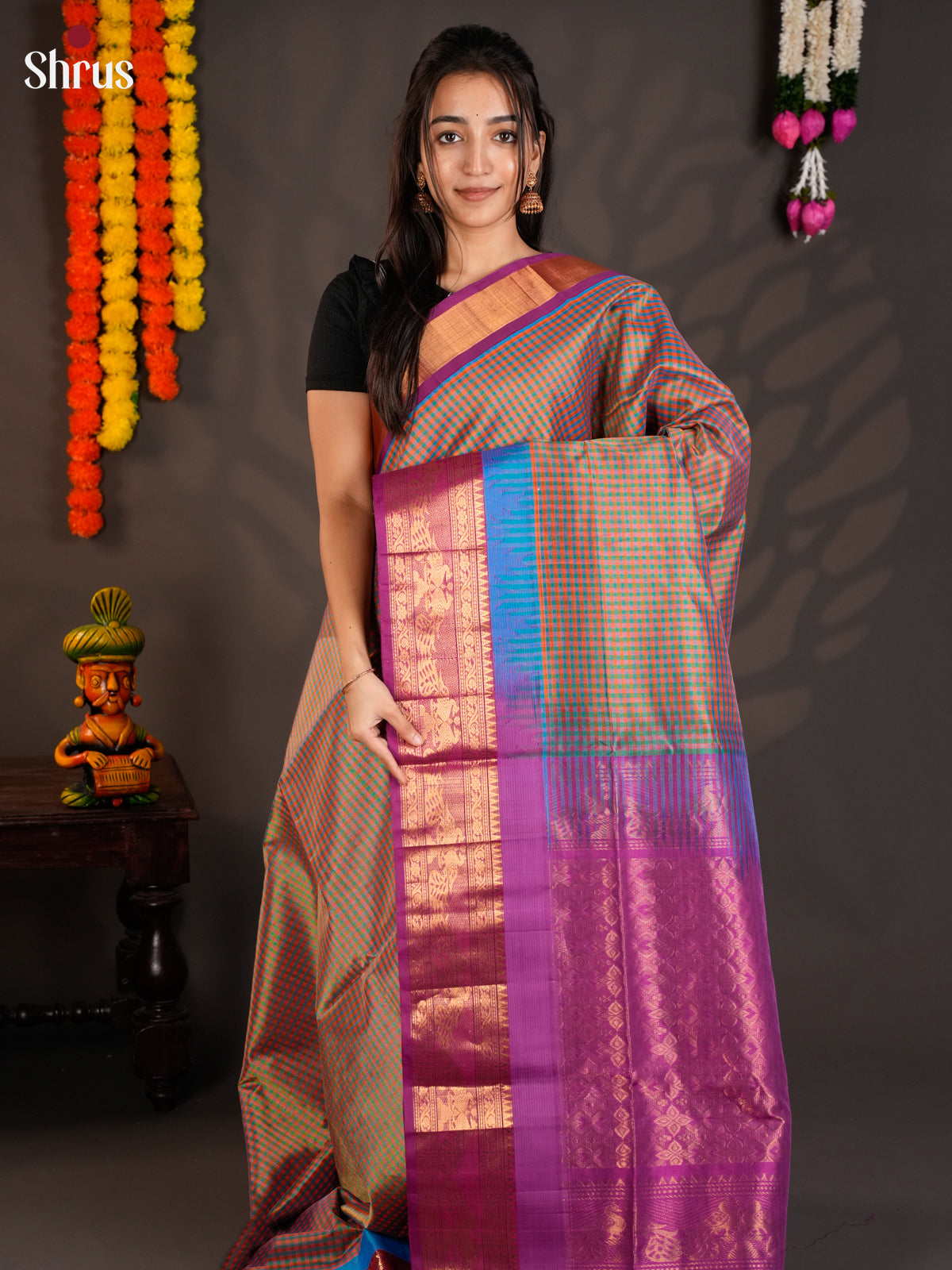 Elegant Grey & Purple Silk Cotton Saree with kattam & Korvai border- EAS19048