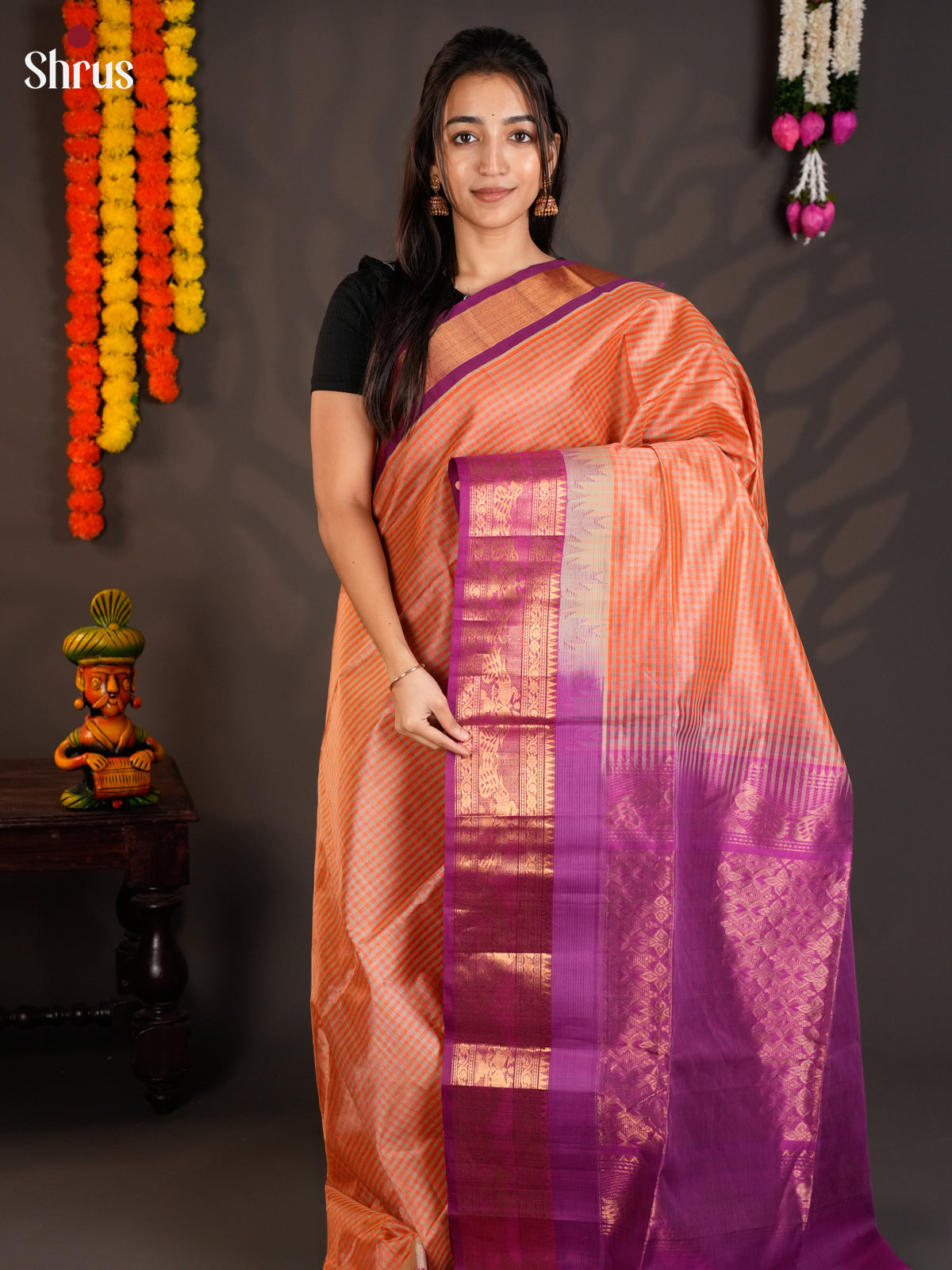 Beautiful Orange & Purple Silk Cotton saree with kattam & Korvai zari border -EAS19050