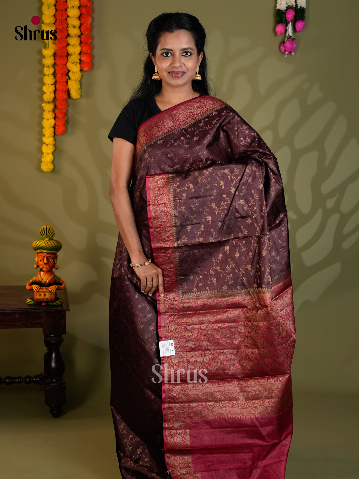 Classy Brown & Maroon Banarasi Tussar Saree with gold zari floral nestling - EAS20010 - Shop on Shrus.com
