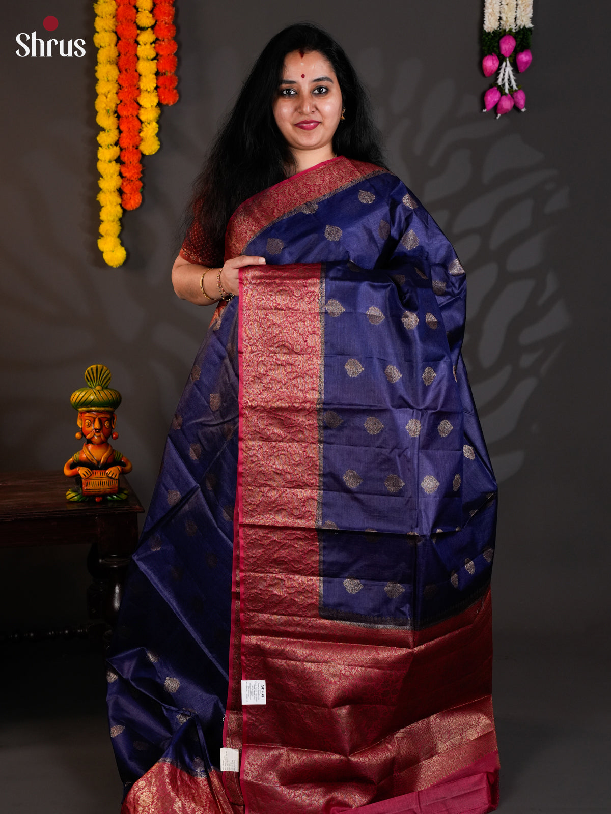 Vibrant Blue & Maroon Banarasi Tussar Saree with zari floral buttas - EAS20014