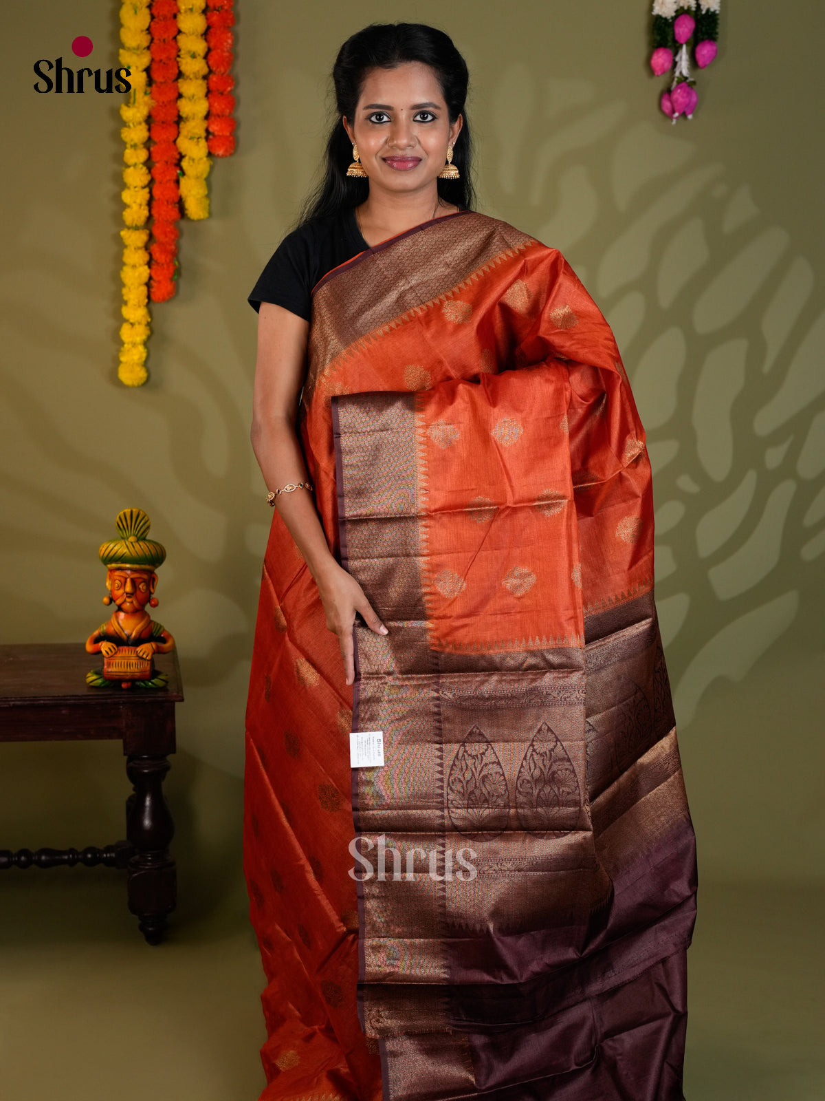 Radiant Orange & Brown Banarasi Tussar Saree gleams with zari floral motifs - EAS20023 - Shop on Shrus.com