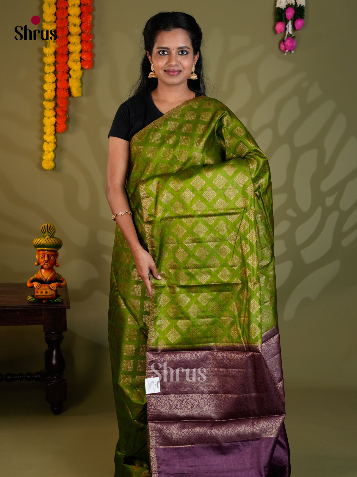 Beautiful Green & Violet Banarasi Tussar Saree with criss cross floral motifs brocade - EAS20026 - Shop on Shrus.com