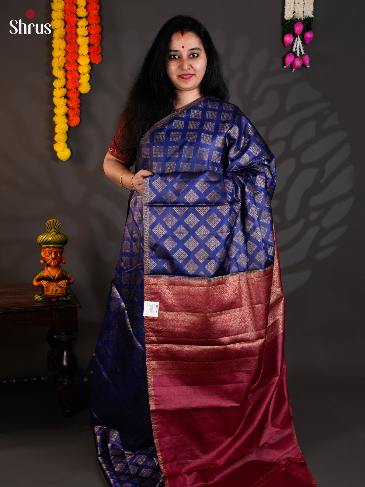 Vibrant Blue & Maroon Banarasi Tussar Saree with zari floral motifs & brocade pallu- EAS20028 -