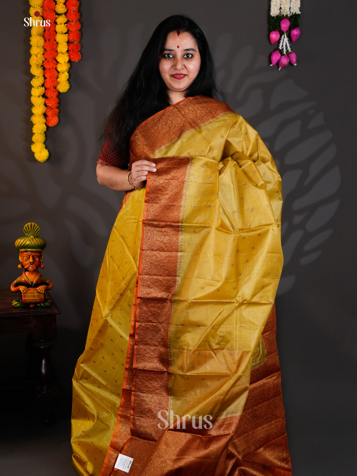 Lustrous Mustard & Brick Banarasi Tussar Saree gleams with zari buttas & rich border - EAS20051