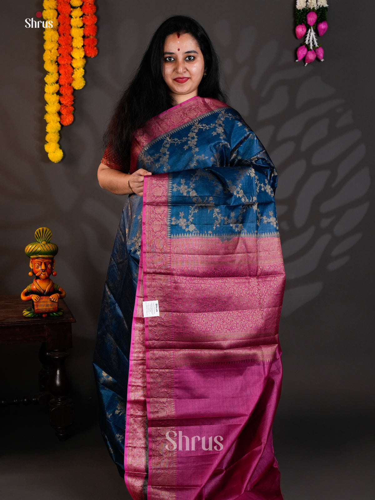 Elegant Blue & Pink Banarasi Tussar Saree with criss cross zari floral vines brocade -EAS20062 - Shop on Shrus.com