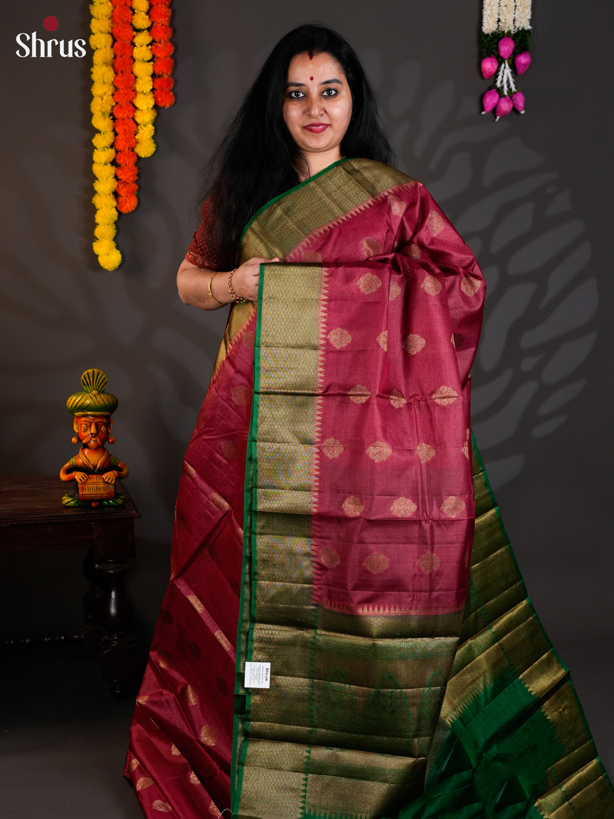Pretty Reddish Pink & Green Banarasi Tussar Saree with zari buttas & brocade pallu - EAS20065