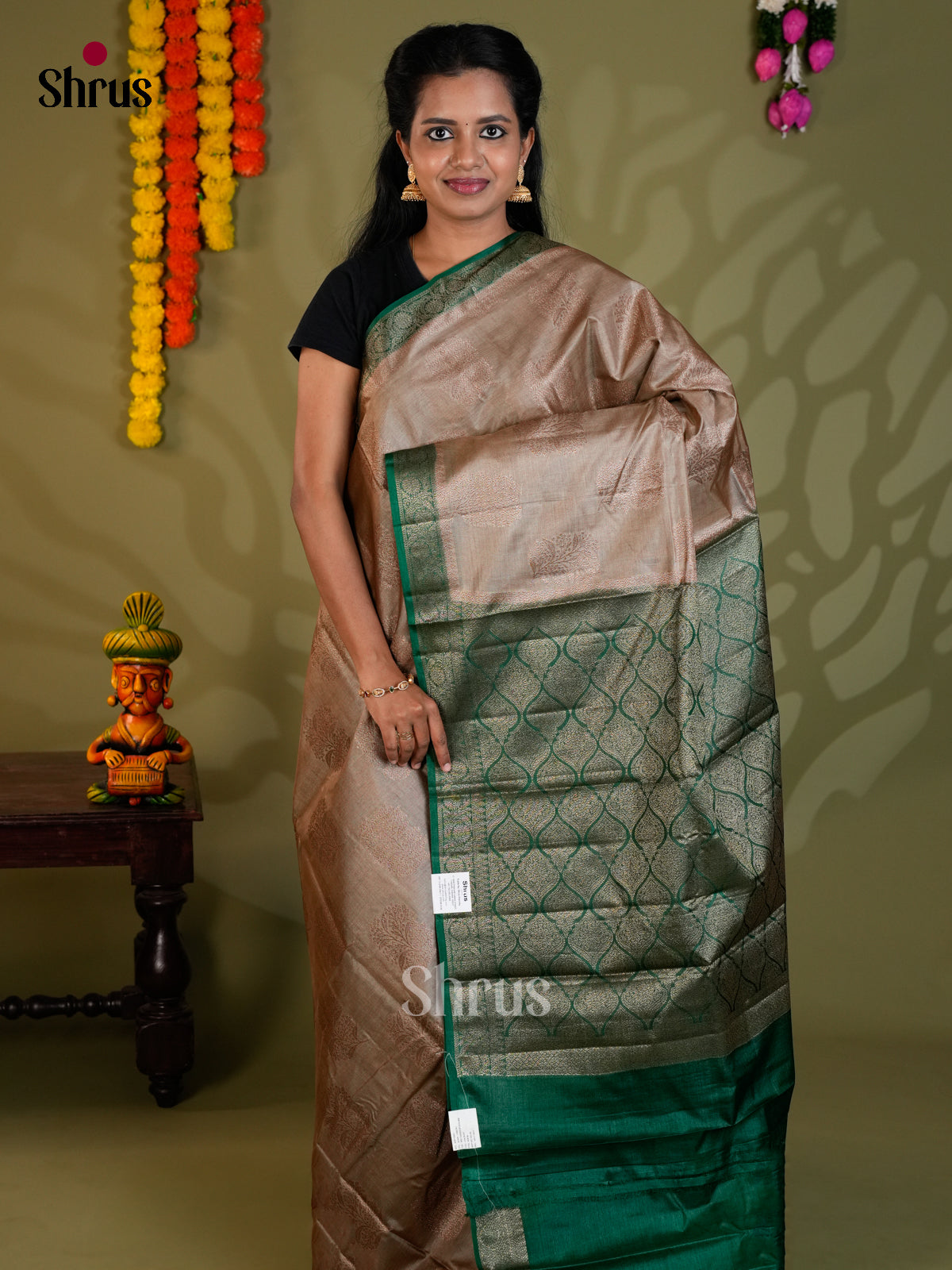 Classy Grey & Green Banarasi Tussar with zari floral motifs & Brocade pallu -Saree EAS20079 - Shop on Shrus.com