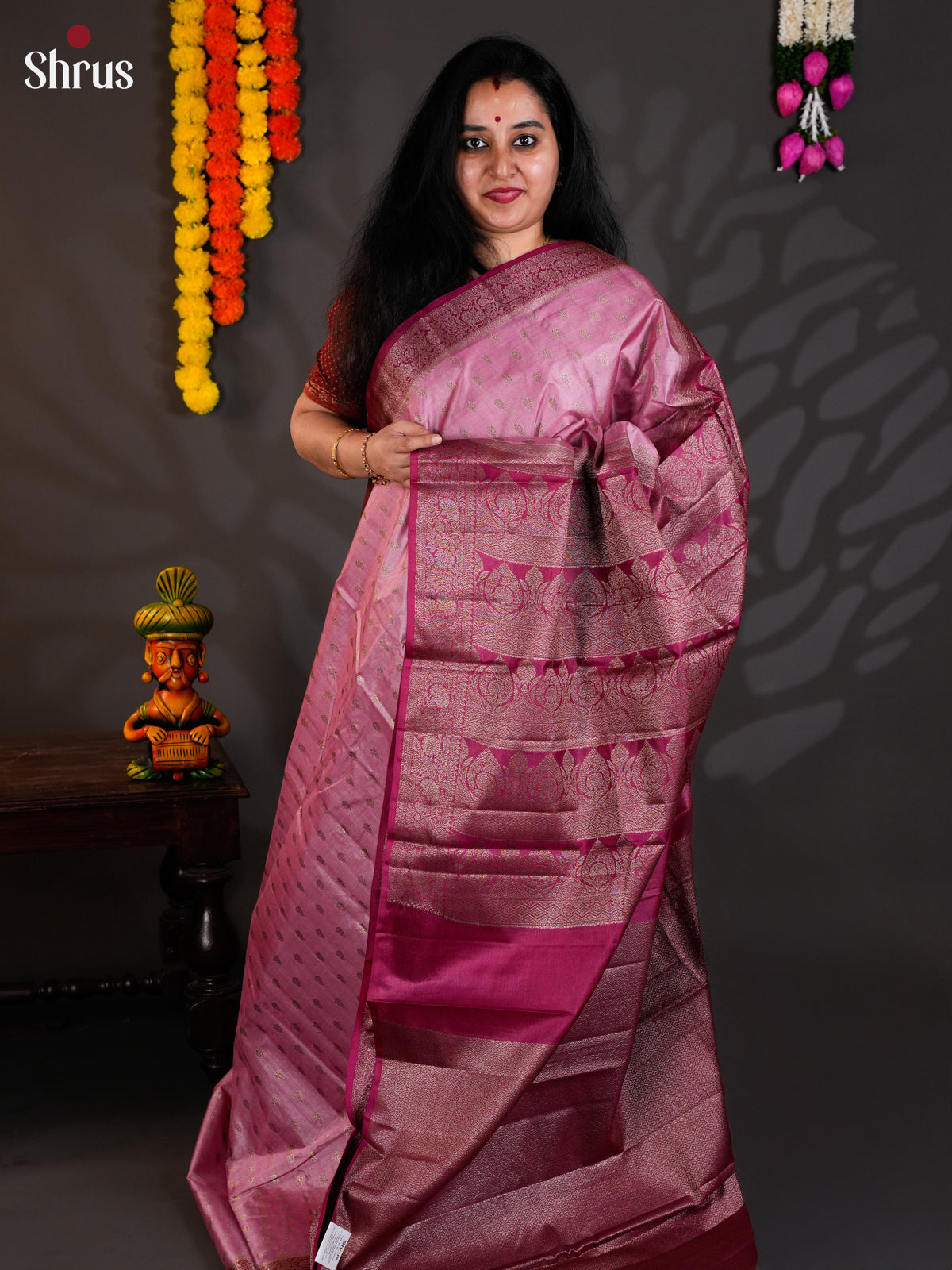 Beautiful Pink & Purple Banarasi Tussar Saree with zari buttas , brocade pallu - EAS20088 - Shop on Shrus.com