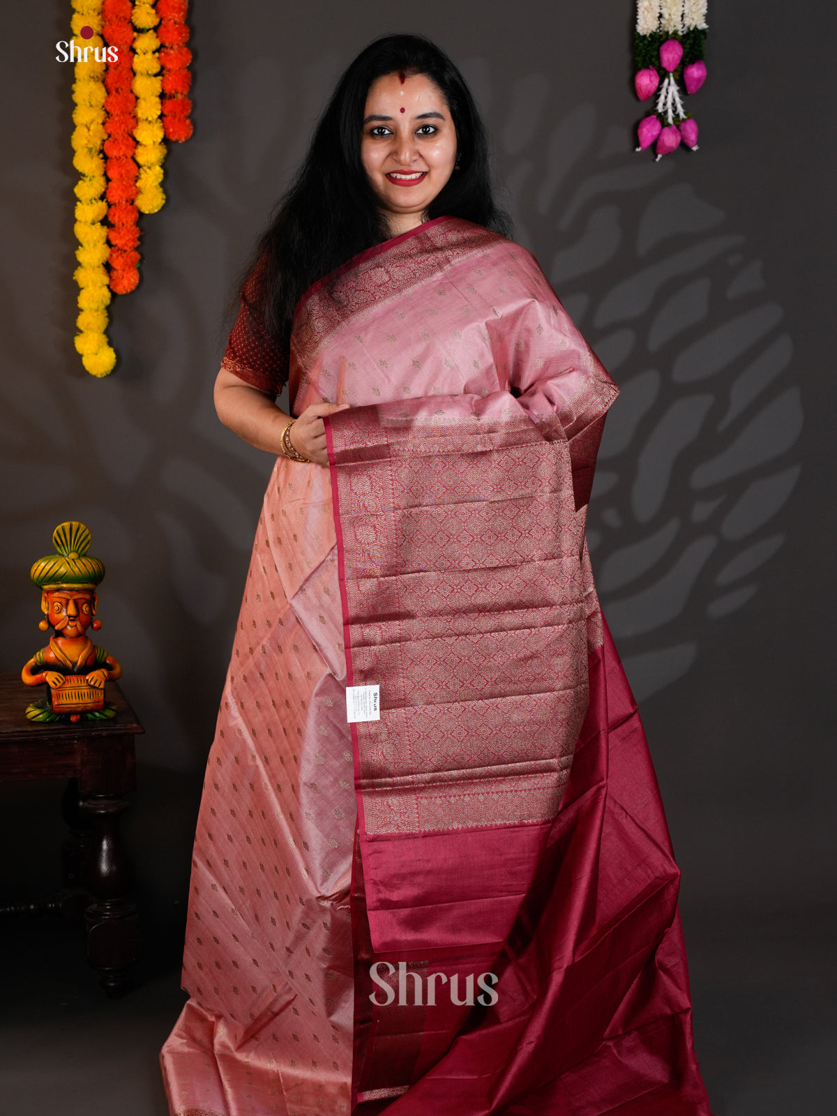 Elegant Pink Banarasi Tussar Saree with zari buttas & contrast border- EAS20090 - Shop on Shrus.com