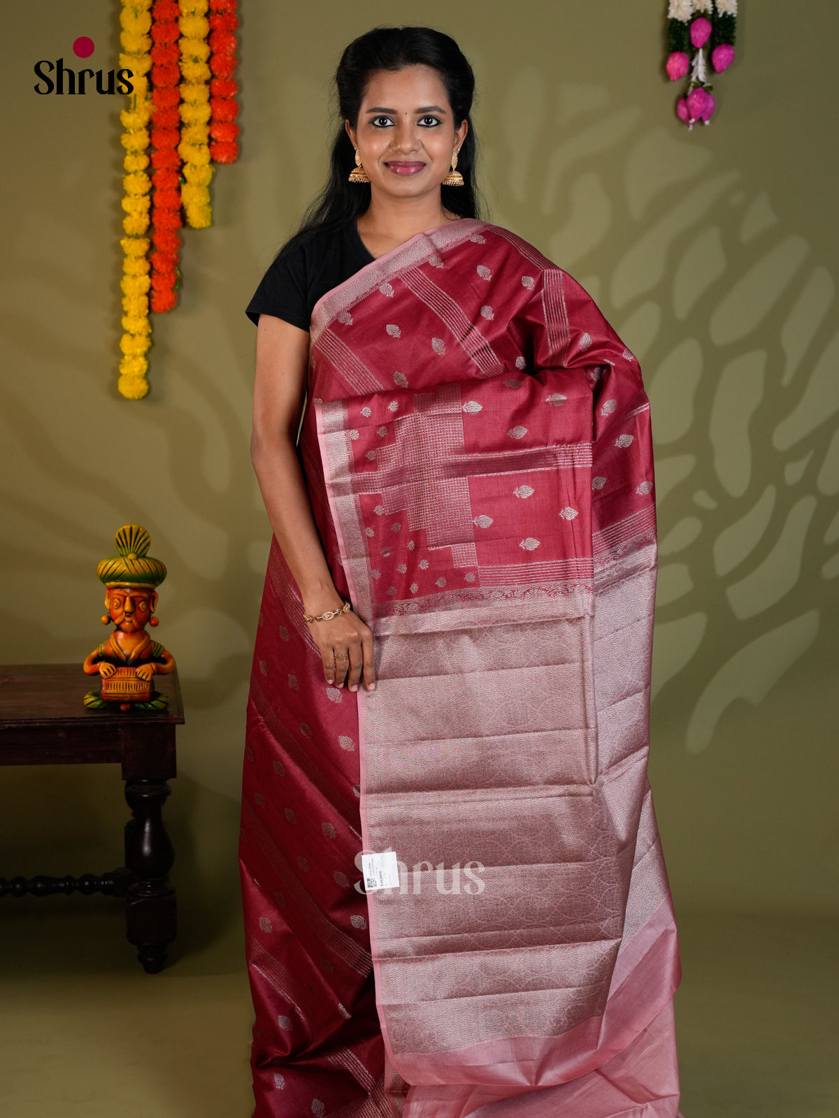 Stunning Red & Pink Banarasi Tussar Saree gleams with zari buttas, stripes - EAS20098 - Shop on Shrus.com