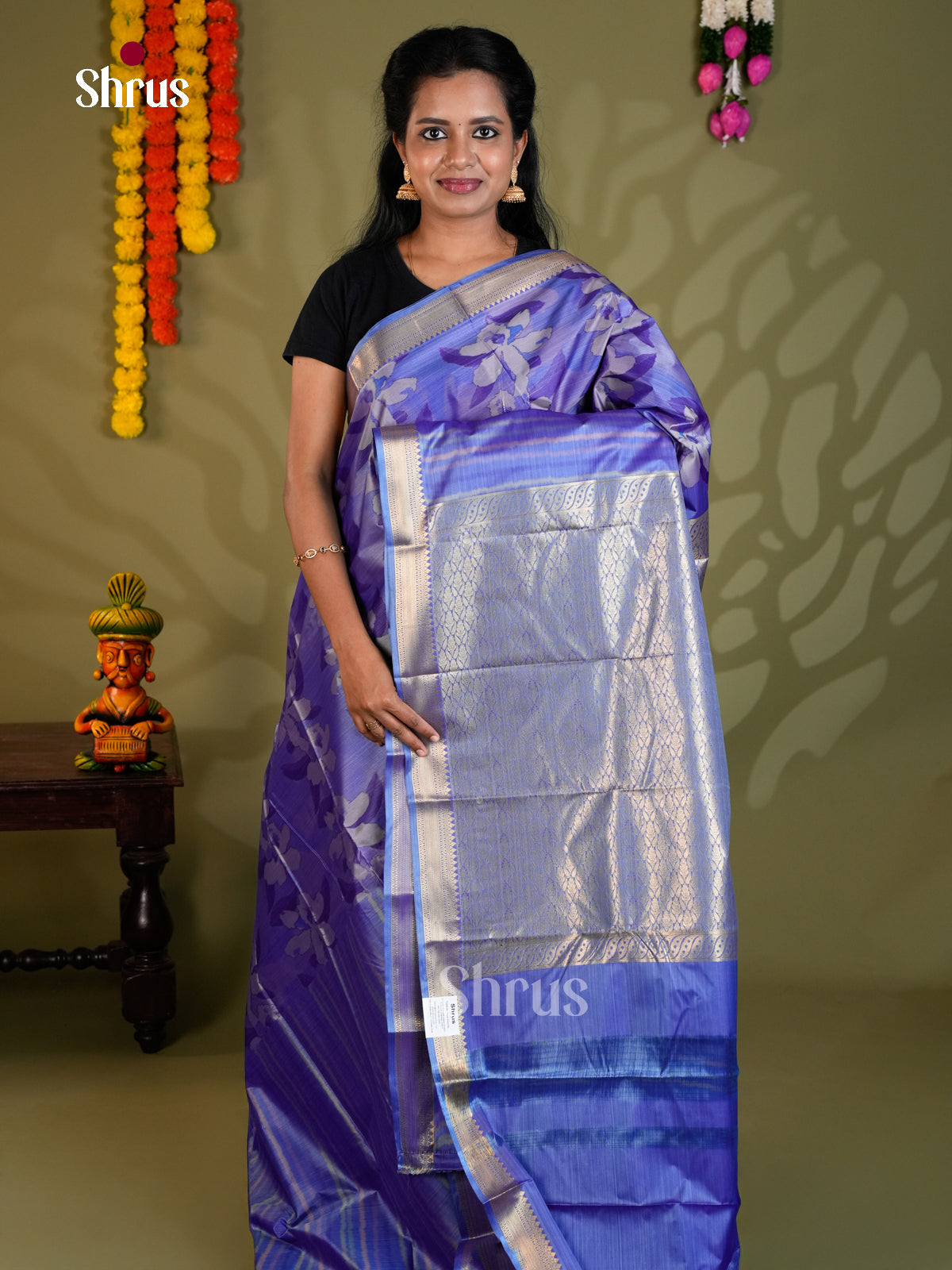Blue - Kanchipuram-halfpure Saree- EAS21179 - Shop on Shrus.com