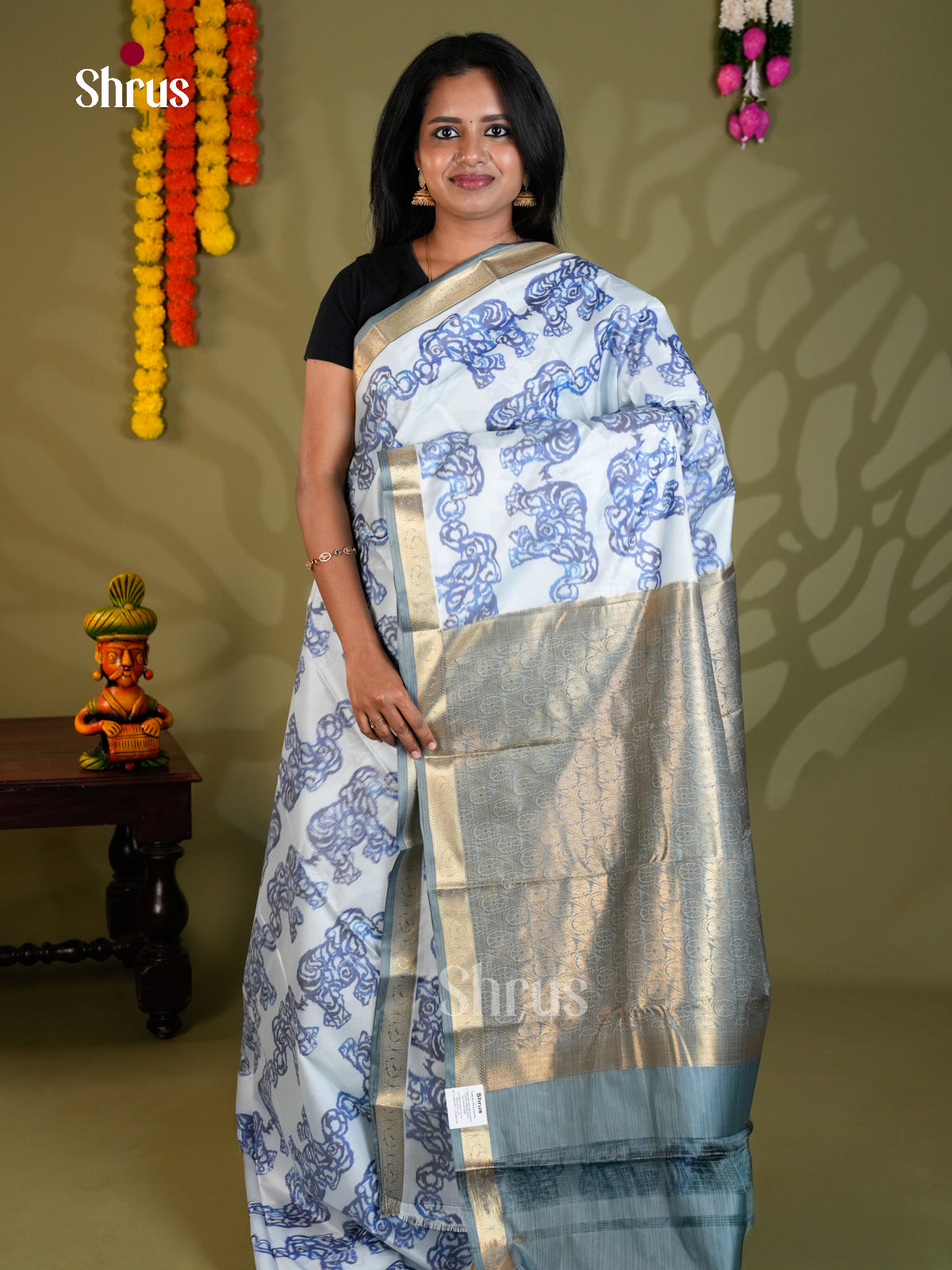 Light Blue & Grey - Kanchipuram-halfpure Saree- EAS21191 - Shop on Shrus.com