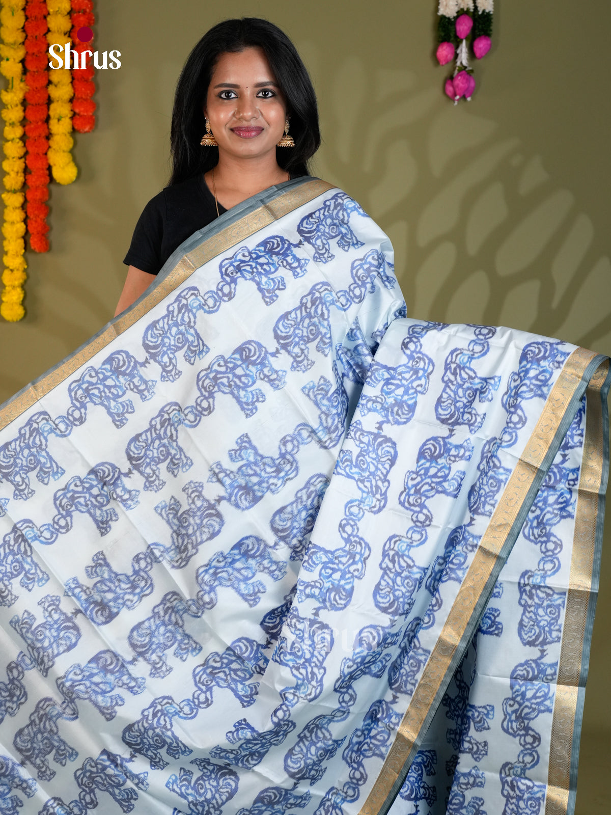 Light Blue & Grey - Kanchipuram-halfpure Saree- EAS21191 - Shop on Shrus.com