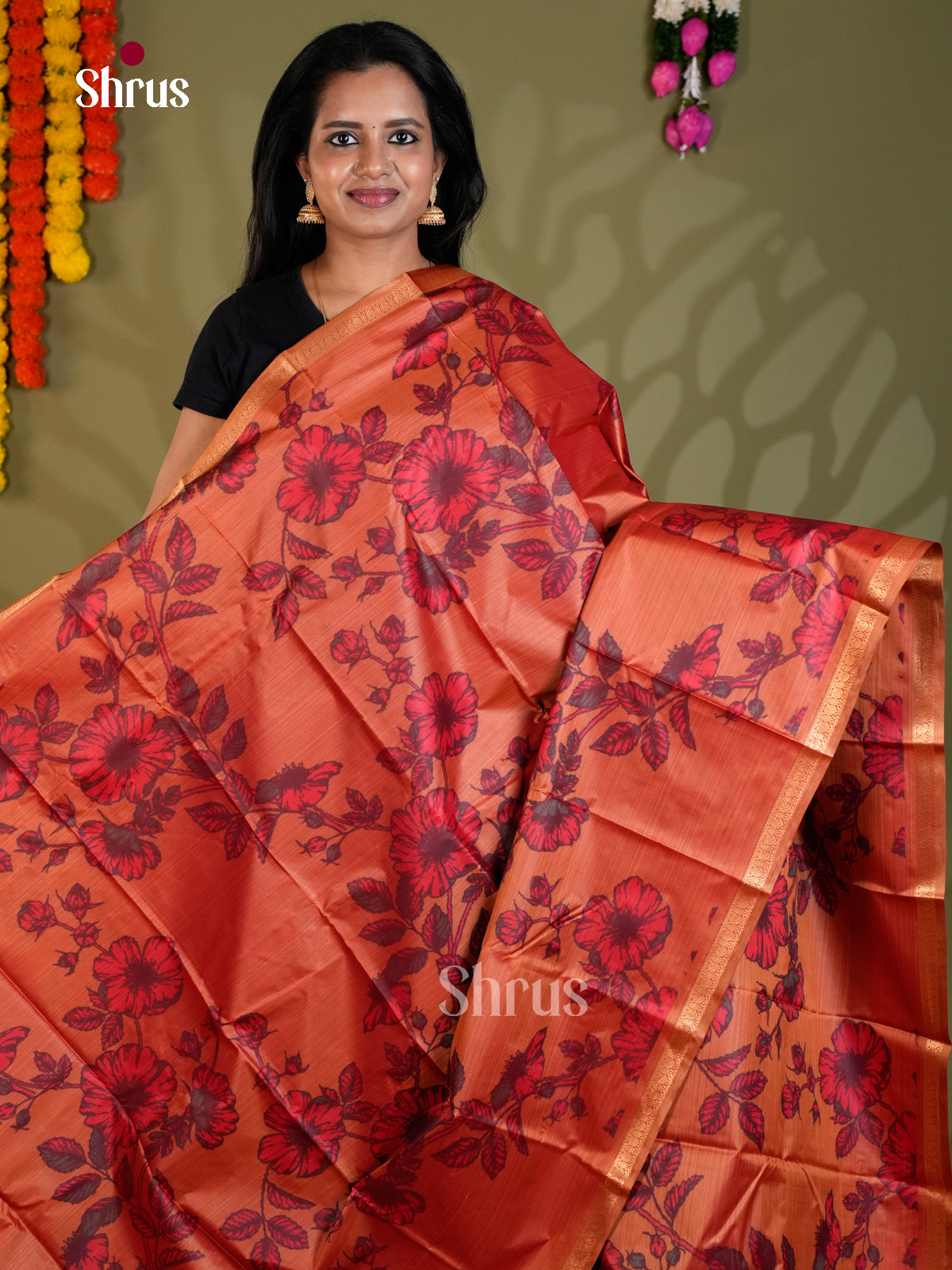 Rusty Orange(SIngle Tone)- Kanchipuram-halfpure Saree- EAS21227 - Shop on Shrus.com