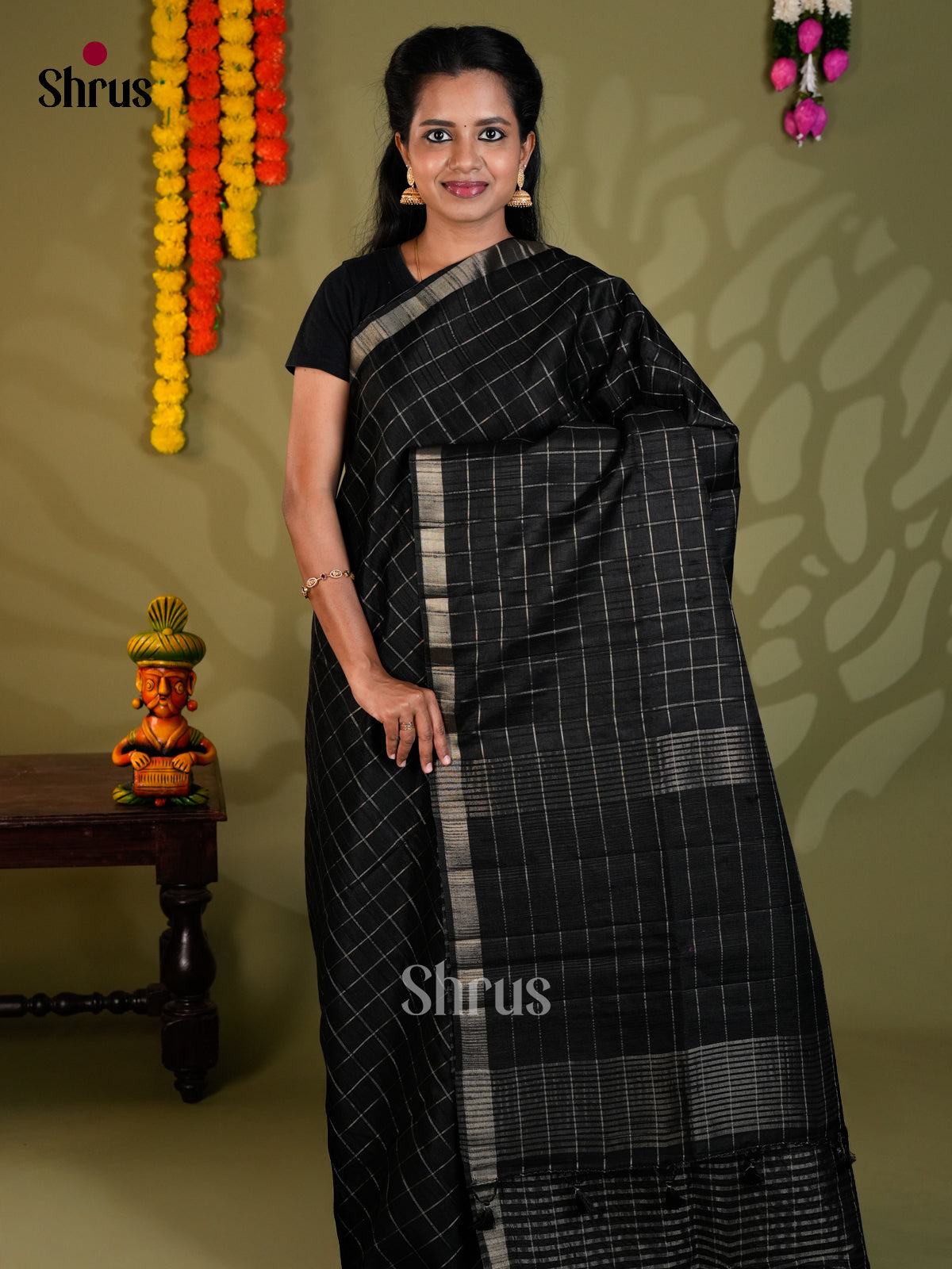 Black - Semi Rawsilk - Saree - EAS22028 - Shop on Shrus.com